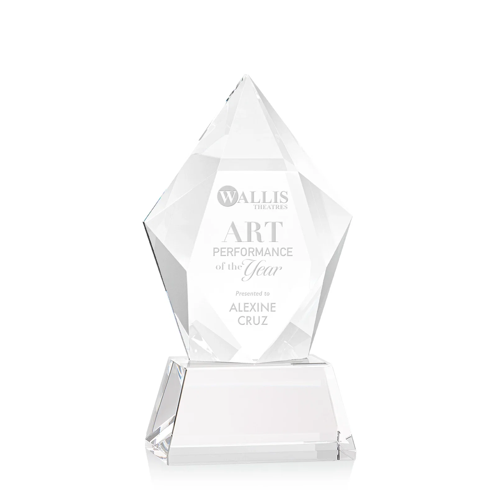 Custom Faceted Optical Crystal Pentagon Award on Tall Tapered Base, awards for donor appreciation