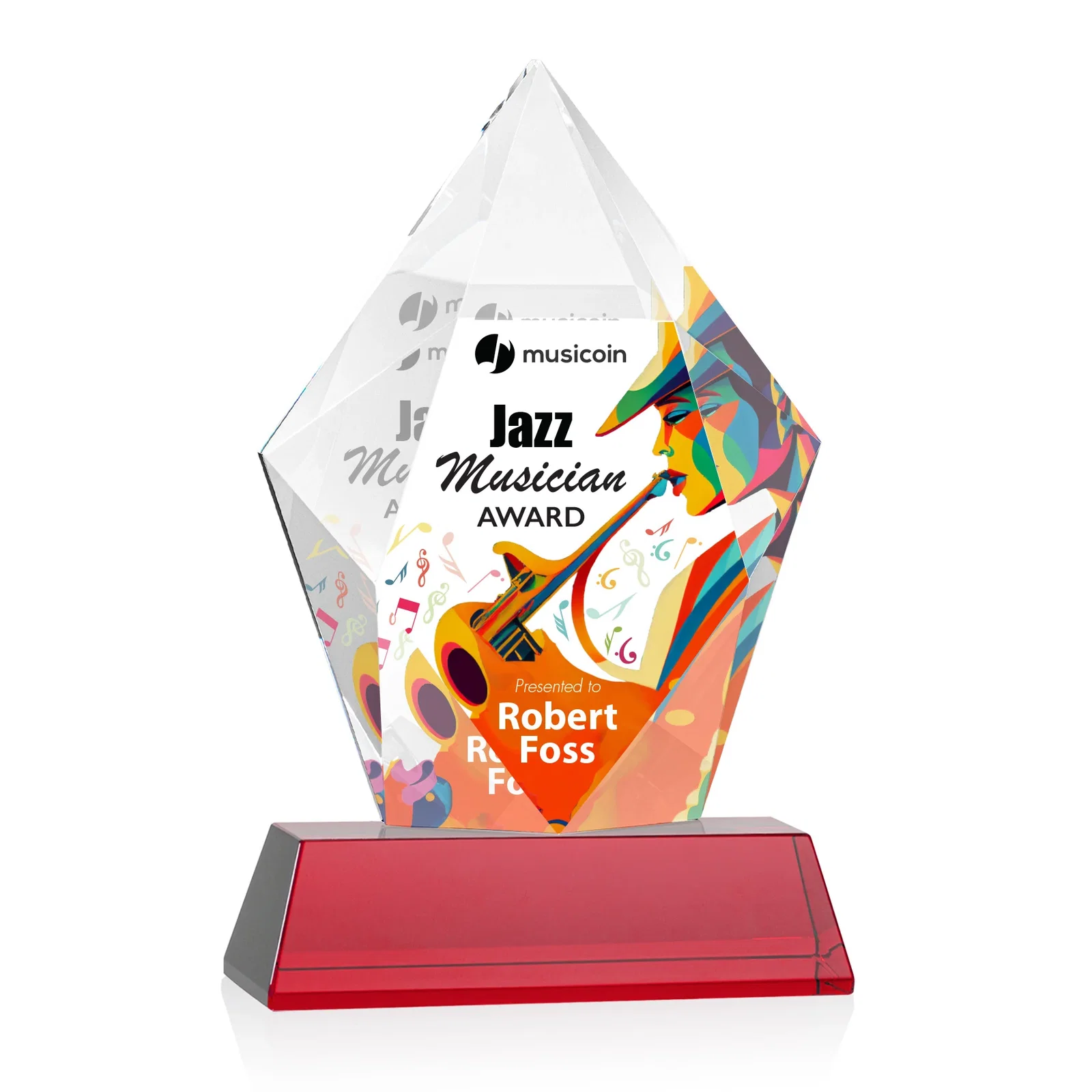 Customized Faceted Optical Crystal Pentagon Award on Tall Tapered Base, awards for volunteer appreciation