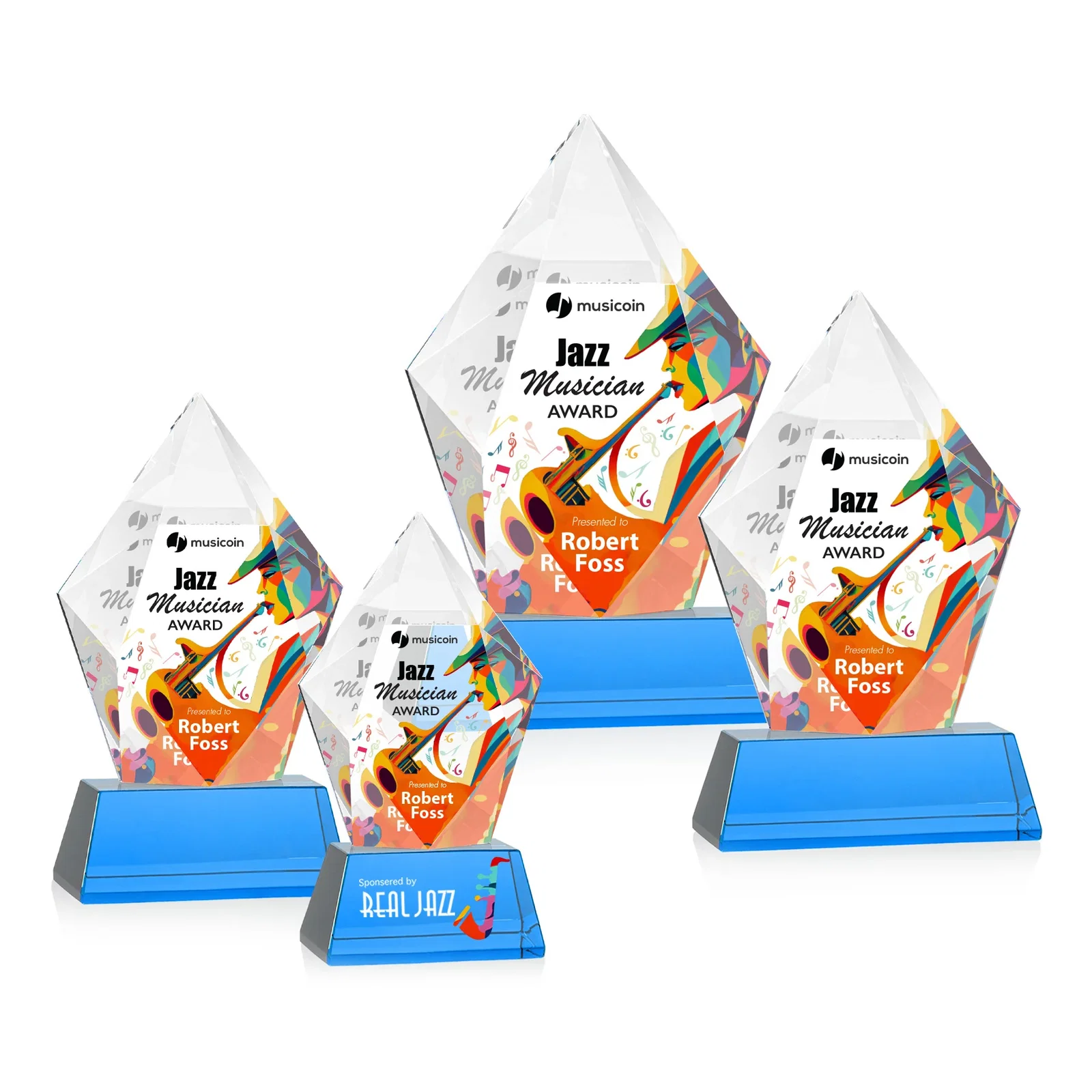 Customized Faceted Optical Crystal Pentagon Award on Tall Tapered Base, awards for dealer and partner awards