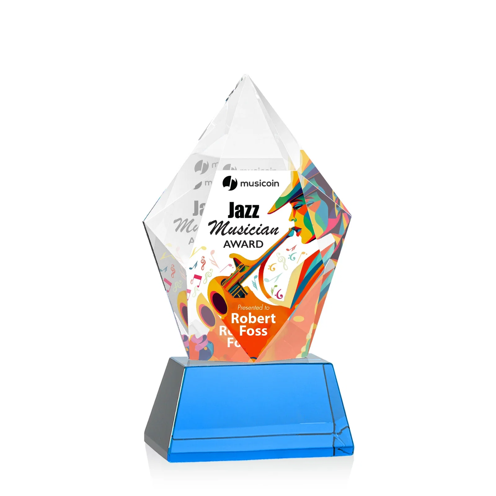 Customized Faceted Optical Crystal Pentagon Award on Tall Tapered Base, awards for company anniversary events