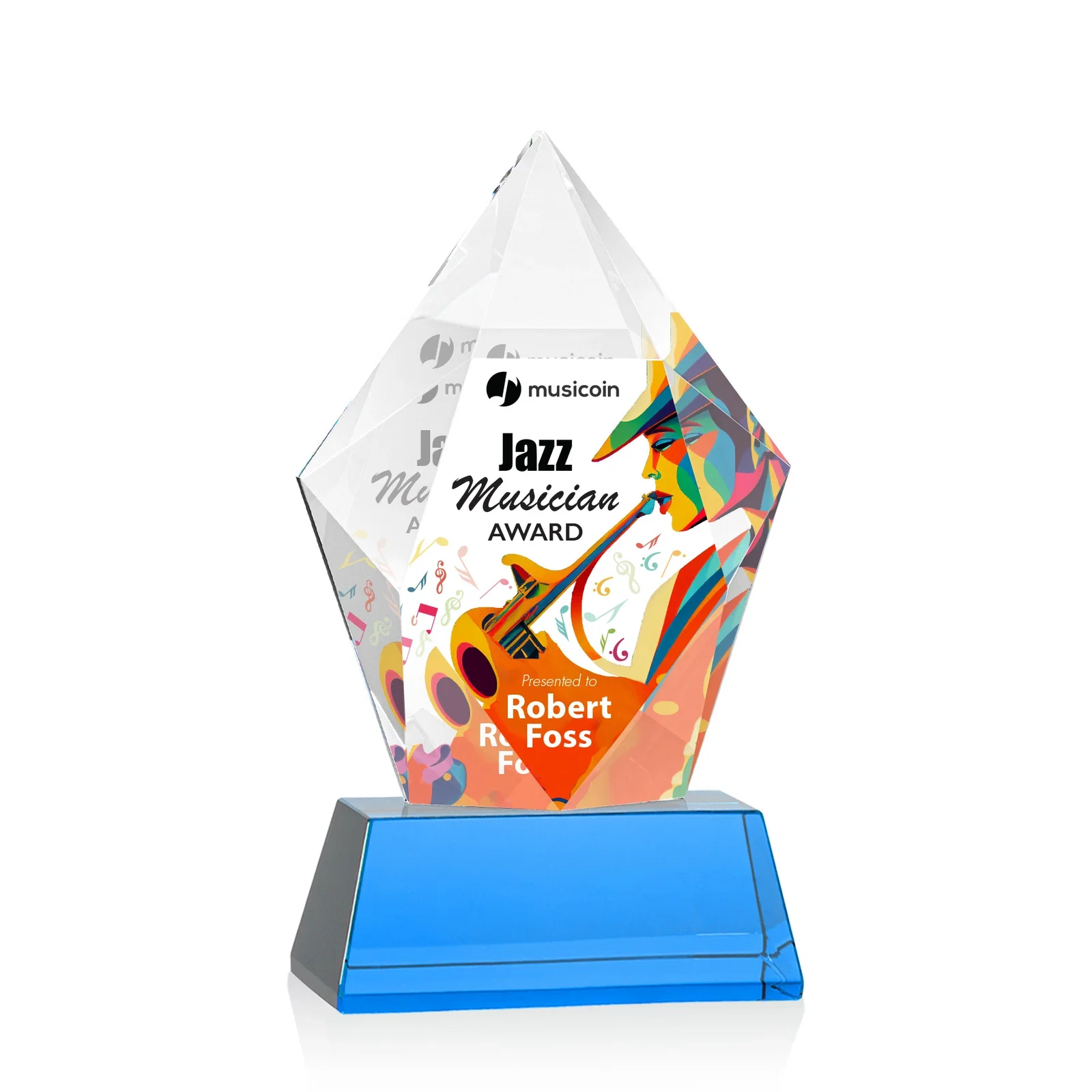 Custom engraved Faceted Optical Crystal Pentagon Award on Tall Tapered Base, awards for employee recognition