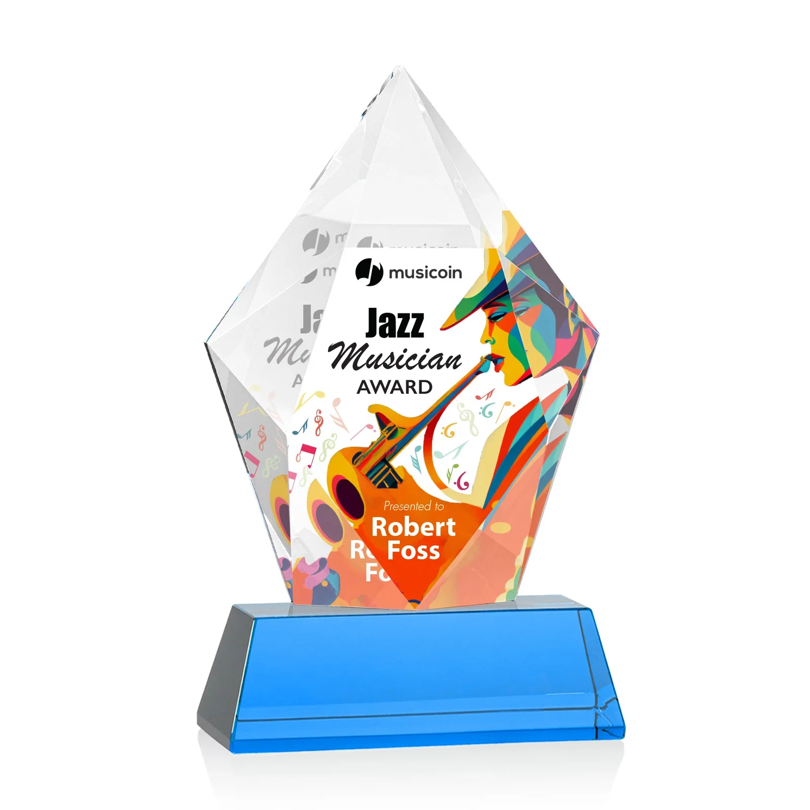 Custom engraved Faceted Optical Crystal Pentagon Award on Tall Tapered Base, awards for corporate award ceremonies