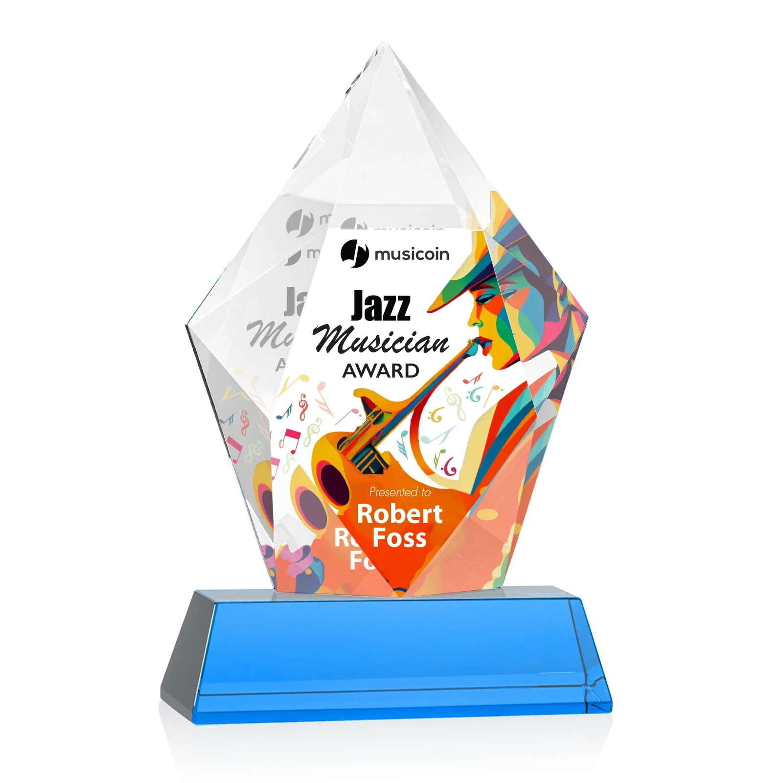 Custom engraved Faceted Optical Crystal Pentagon Award on Tall Tapered Base, awards for service anniversary gifts