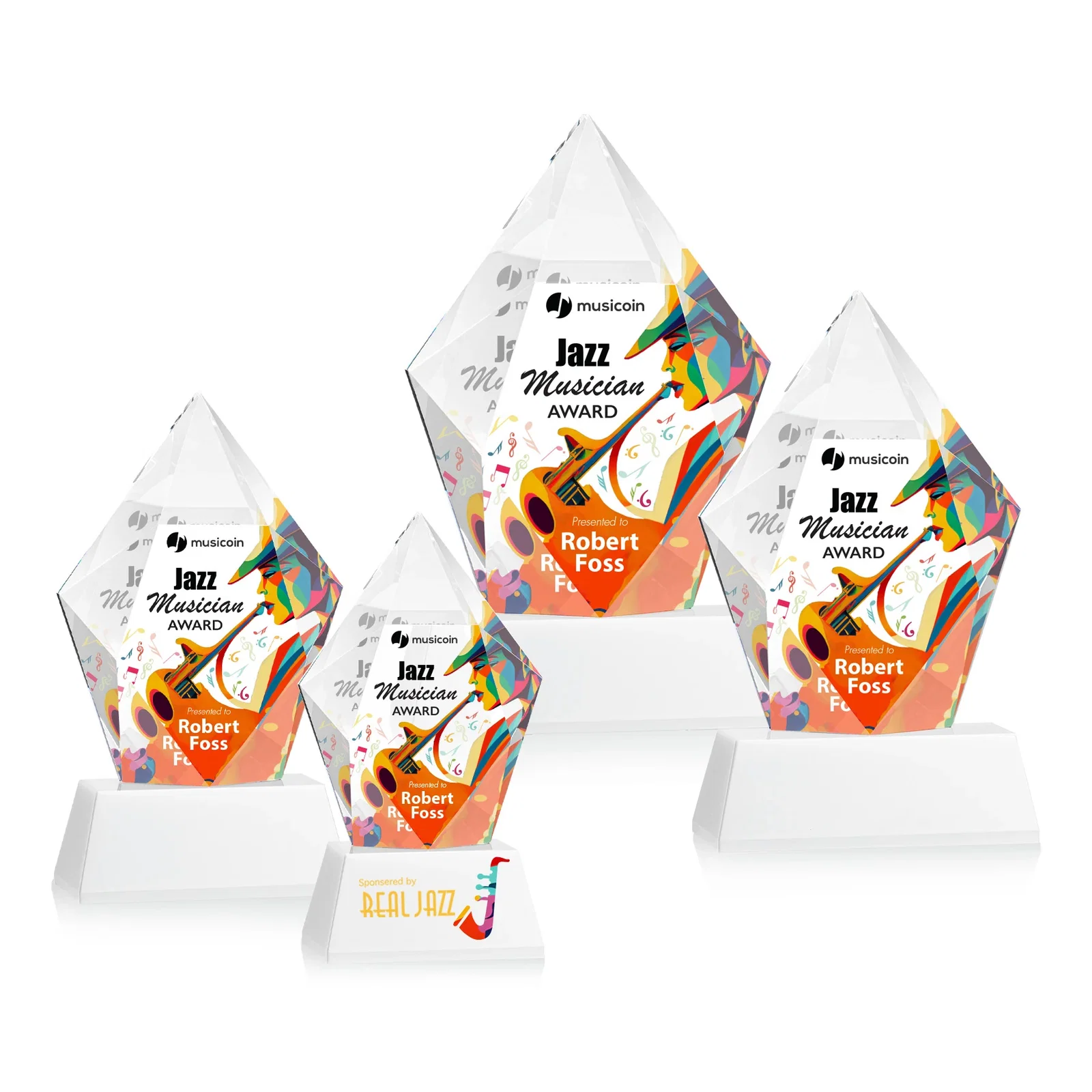 Custom engraved Faceted Optical Crystal Pentagon Award on Tall Tapered Base, awards for sales achievement awards