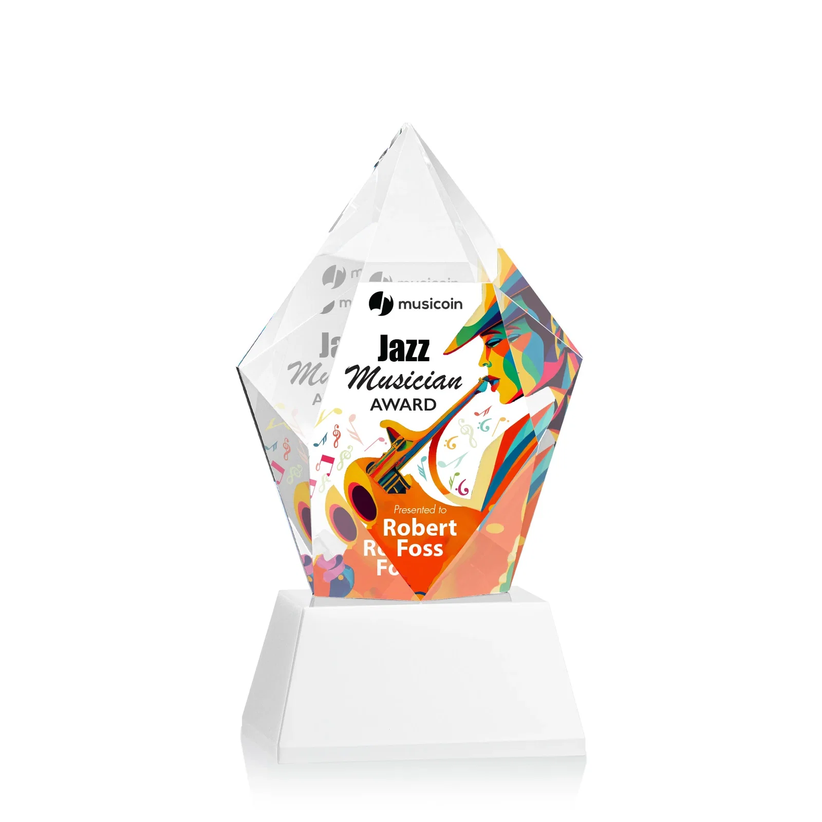 Custom engraved Faceted Optical Crystal Pentagon Award on Tall Tapered Base, awards for retirement presentations