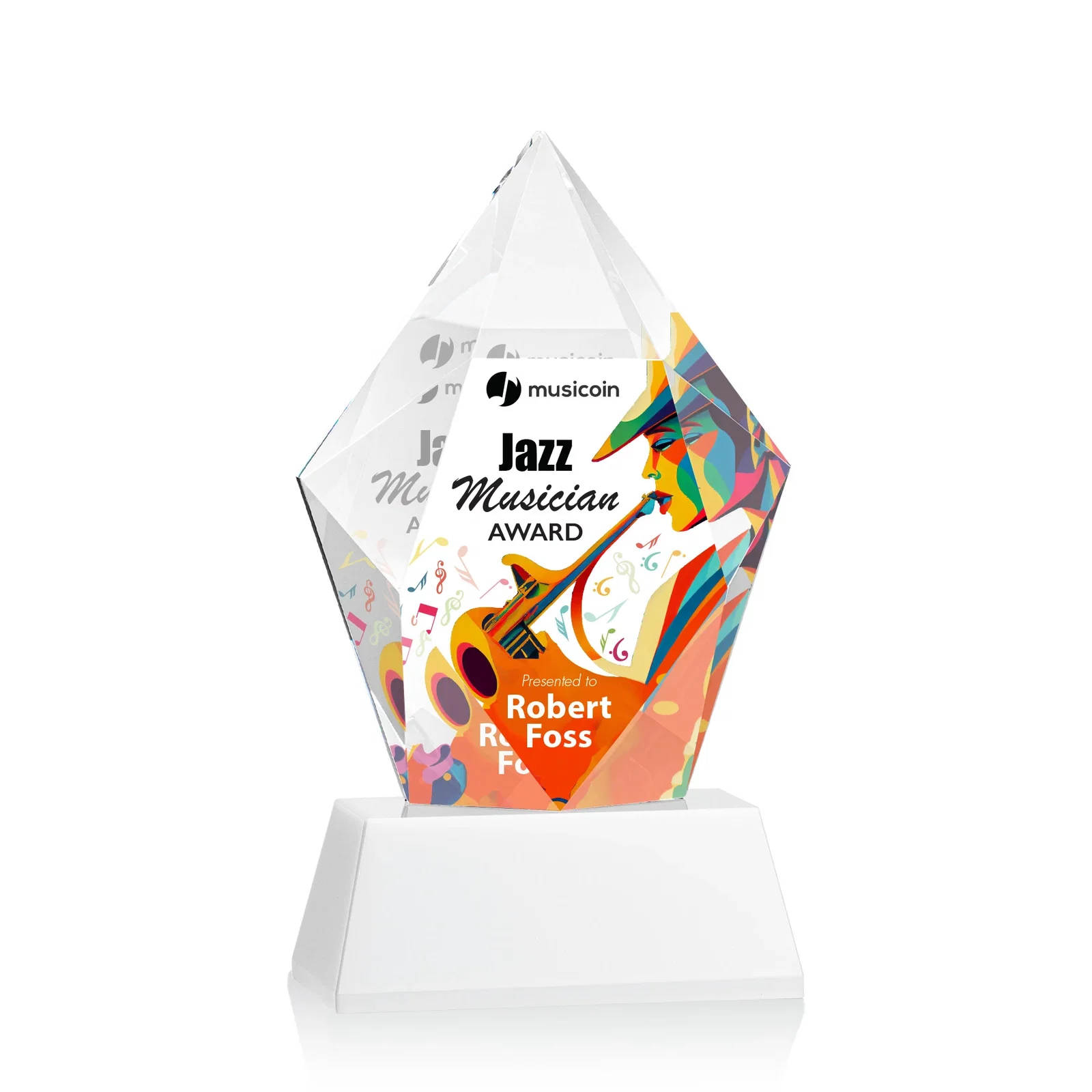 Custom engraved Faceted Optical Crystal Pentagon Award on Tall Tapered Base, awards for team milestone celebrations