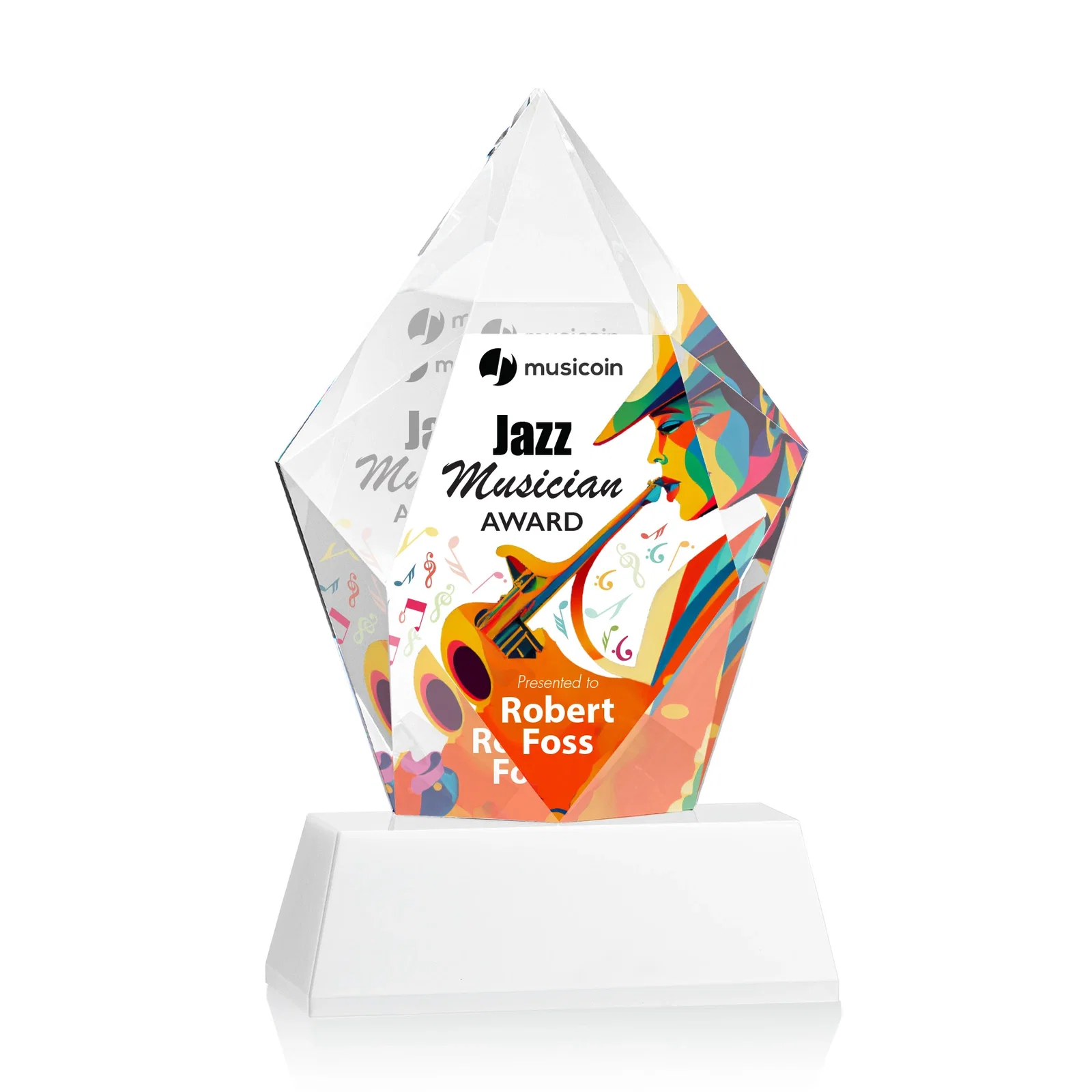 Custom engraved Faceted Optical Crystal Pentagon Award on Tall Tapered Base, awards for donor appreciation