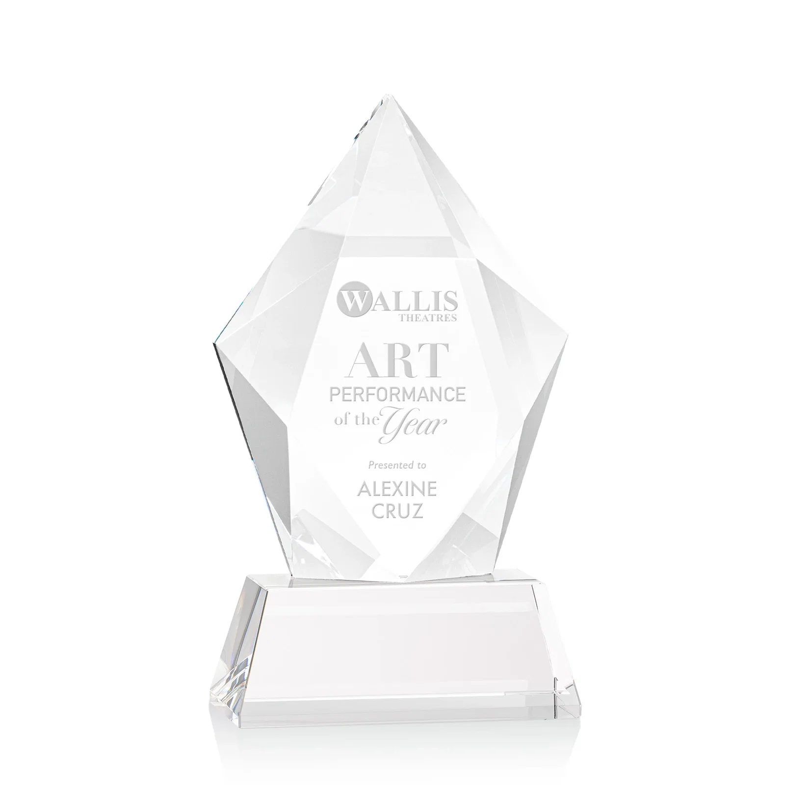 Custom Faceted Optical Crystal Pentagon Award on Tall Tapered Base, awards for graduation ceremonies