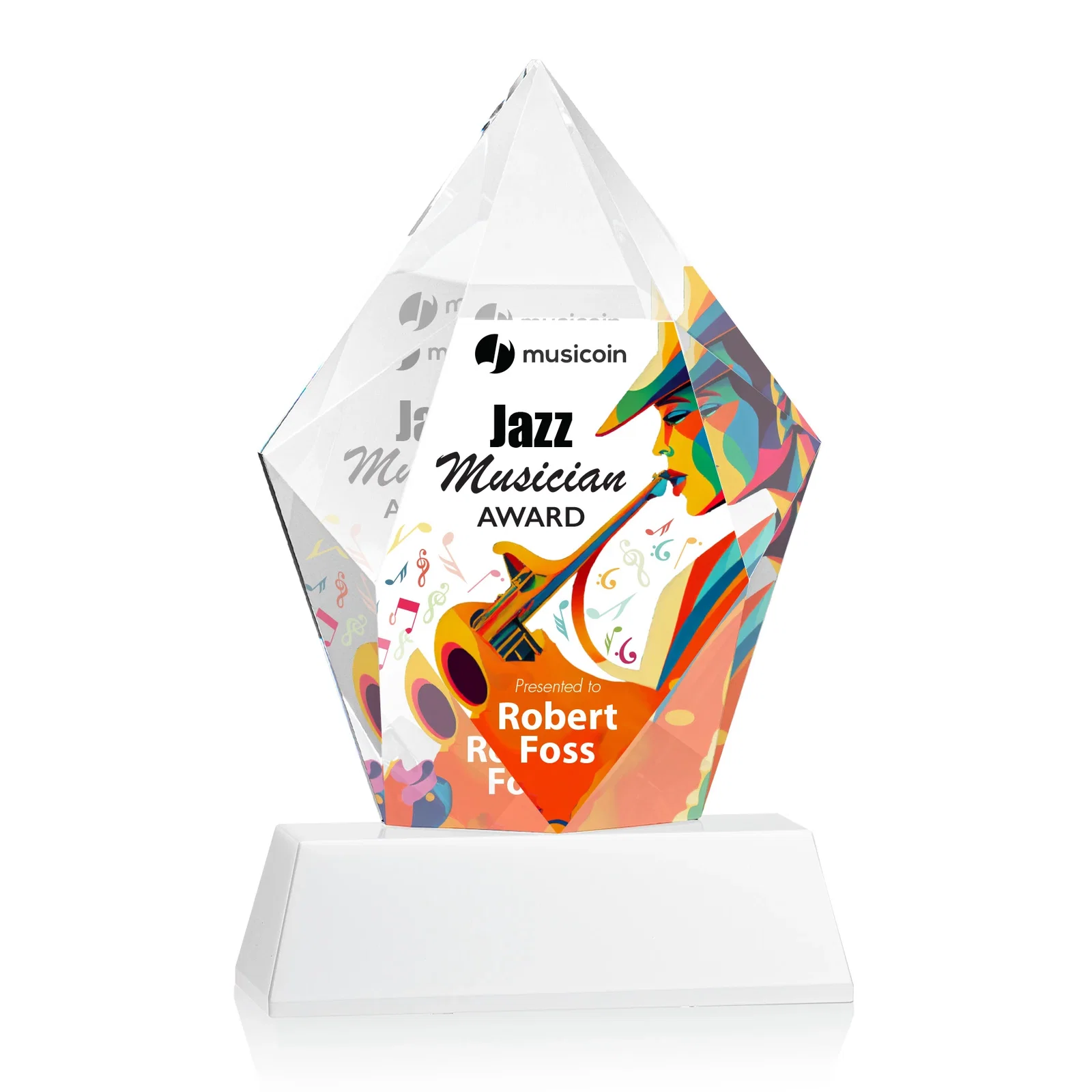 Custom engraved Faceted Optical Crystal Pentagon Award on Tall Tapered Base, awards for graduation ceremonies