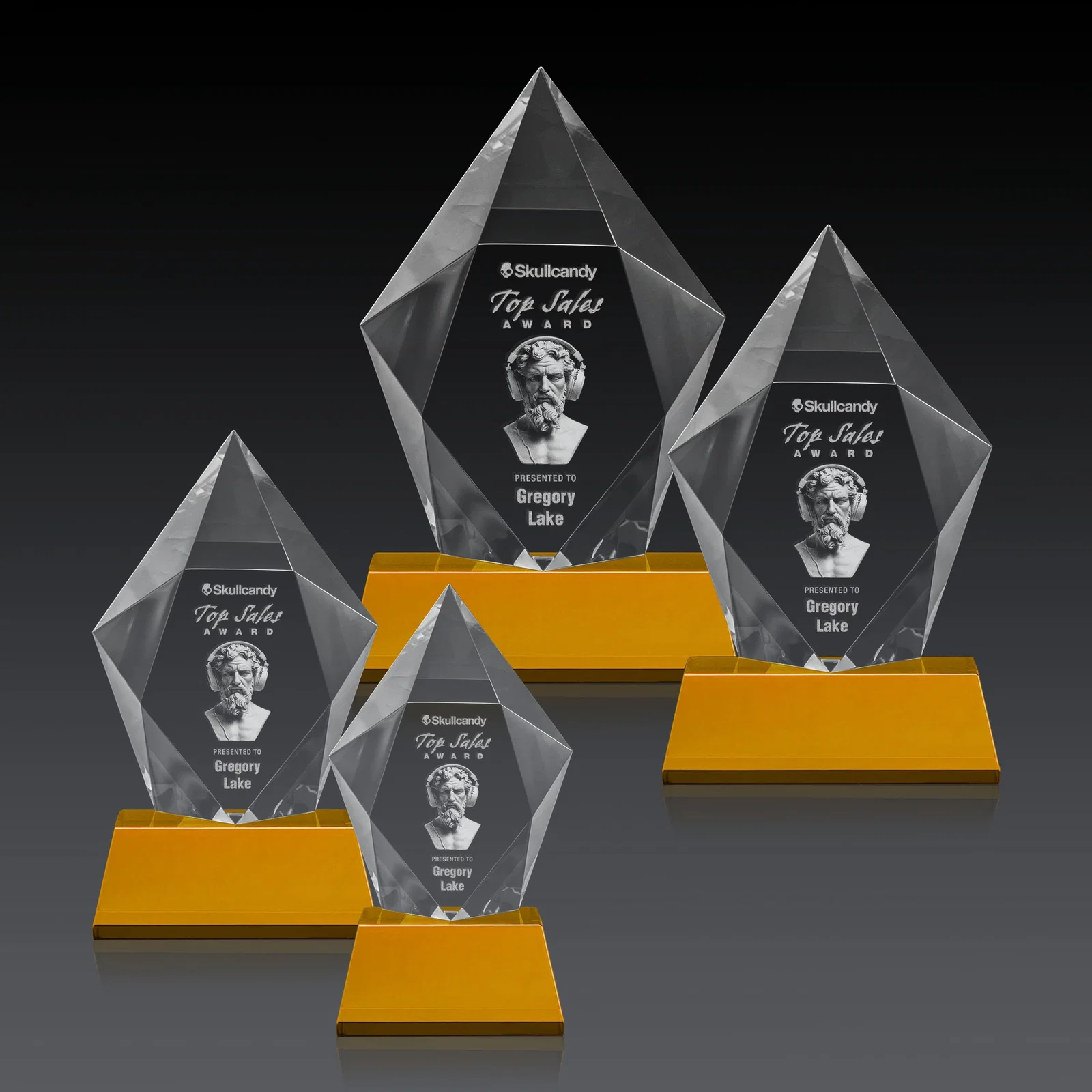 Custom engraved Faceted Optical Crystal Pentagon Award on Tall Tapered Base, awards for safety achievement programs