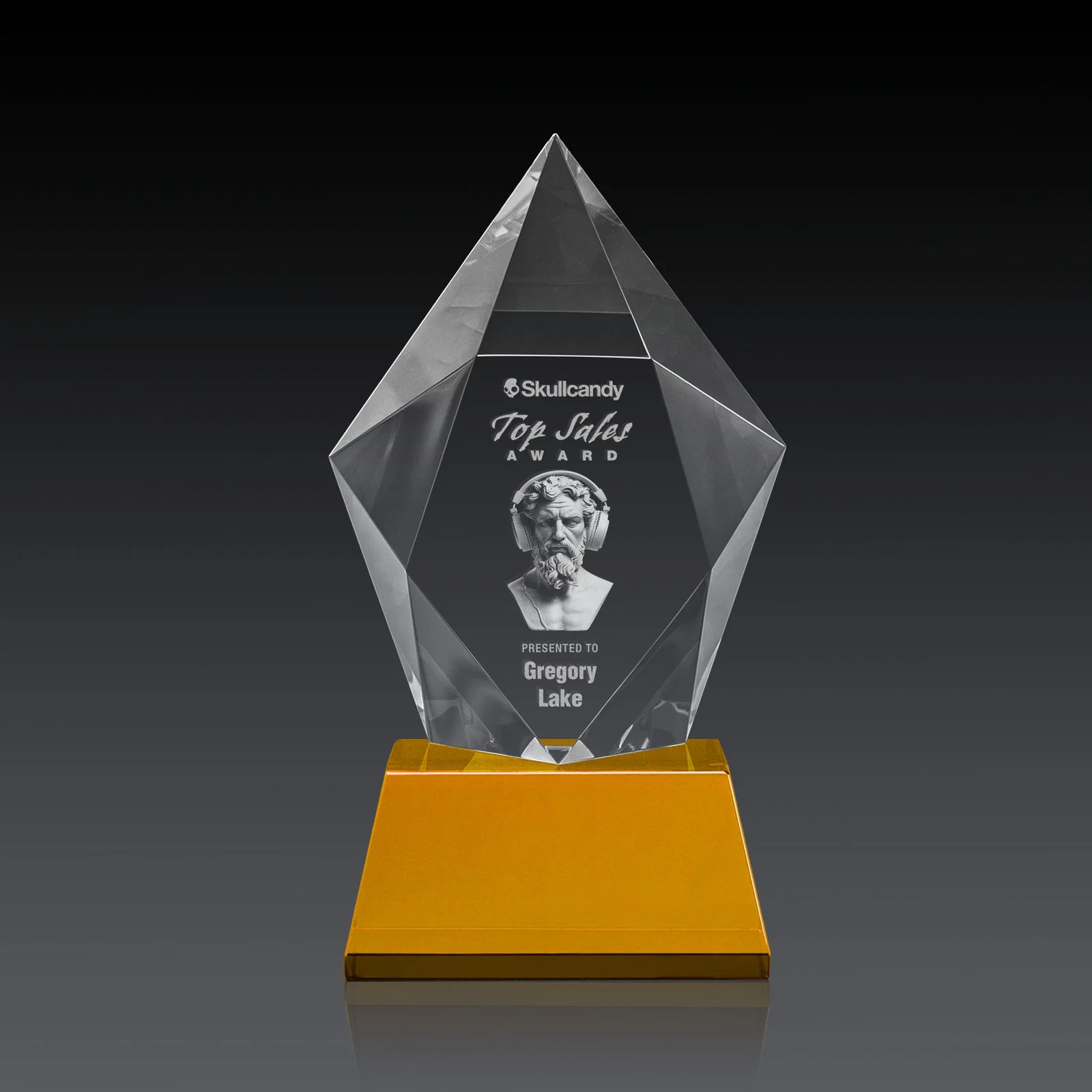 Custom engraved Faceted Optical Crystal Pentagon Award on Tall Tapered Base, awards for volunteer appreciation