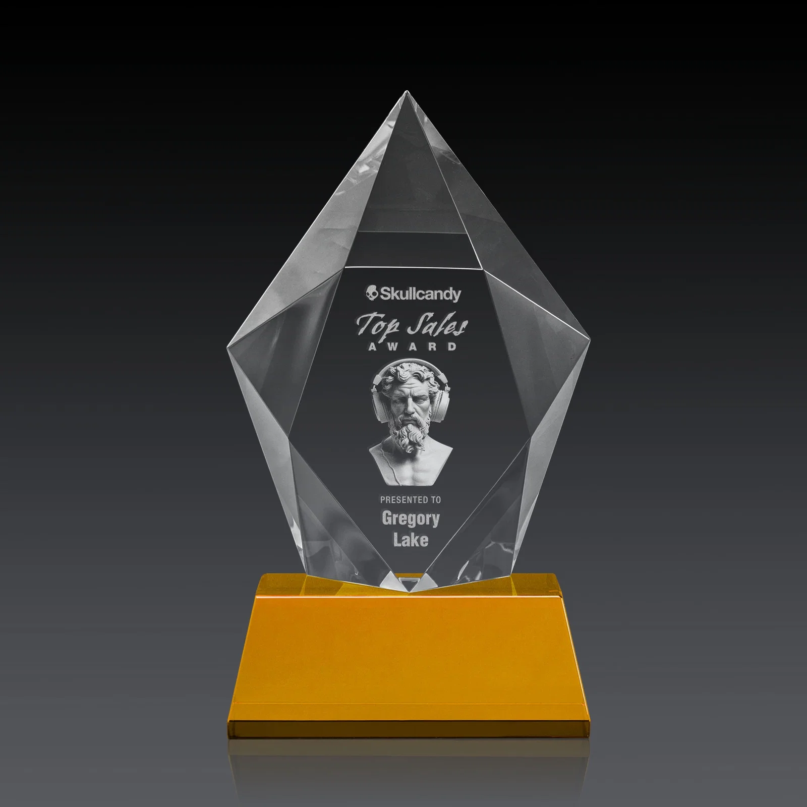 Custom engraved Faceted Optical Crystal Pentagon Award on Tall Tapered Base, awards for dealer and partner awards