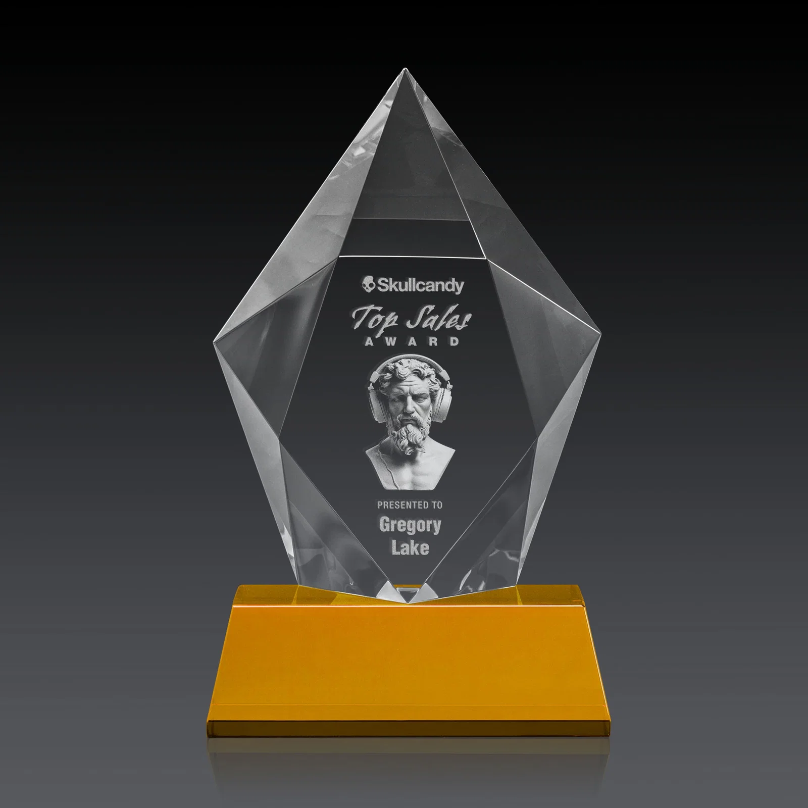Custom engraved Faceted Optical Crystal Pentagon Award on Tall Tapered Base, awards for company anniversary events