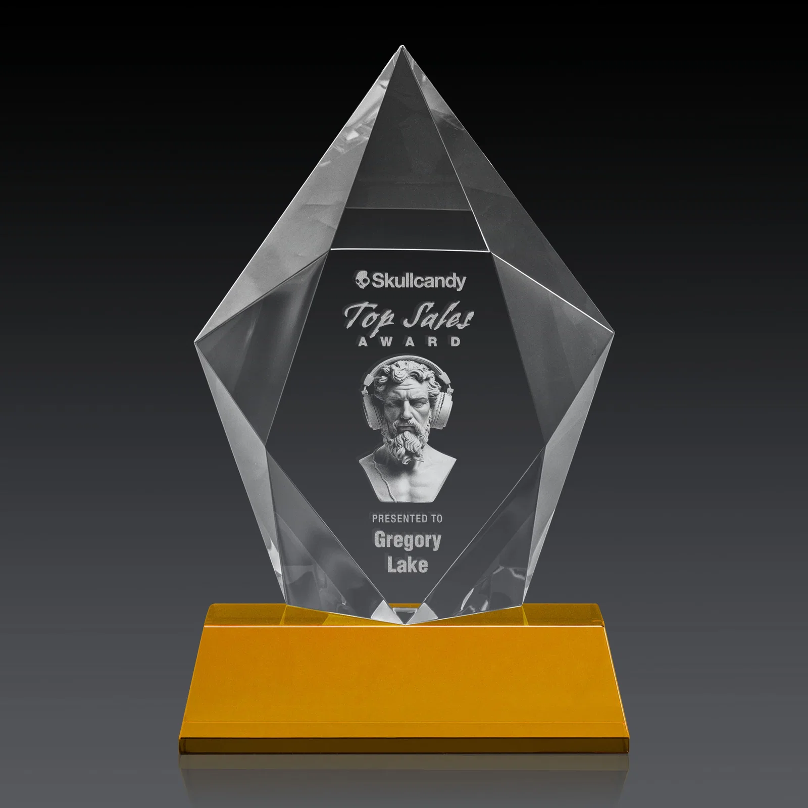 Custom Faceted Optical Crystal Pentagon Award on Tall Tapered Base, awards, with your logo for employee recognition