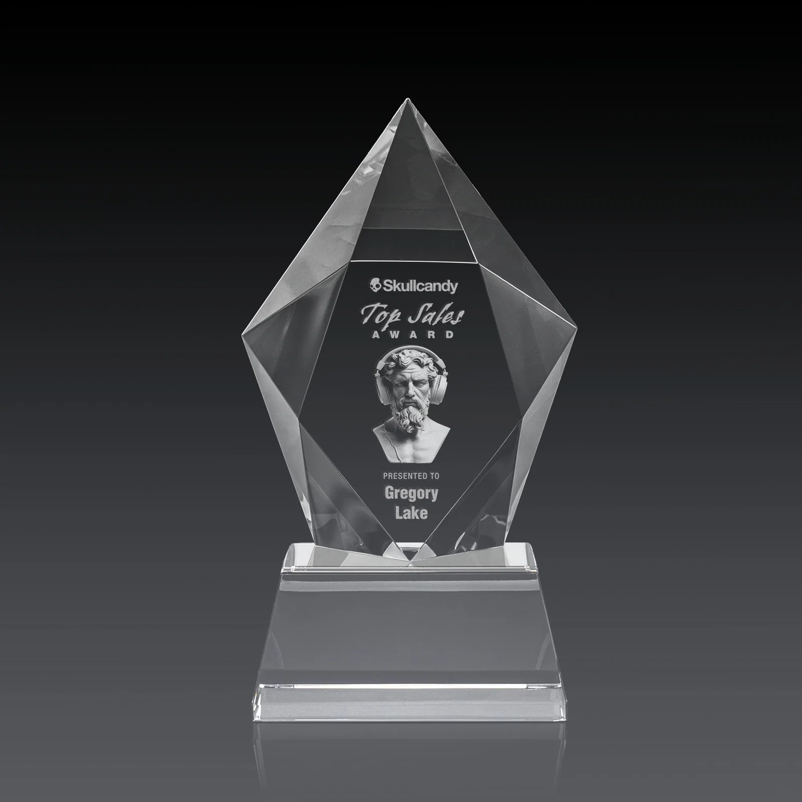 Custom Faceted Optical Crystal Pentagon Award on Tall Tapered Base, awards, with your logo for service anniversary gifts