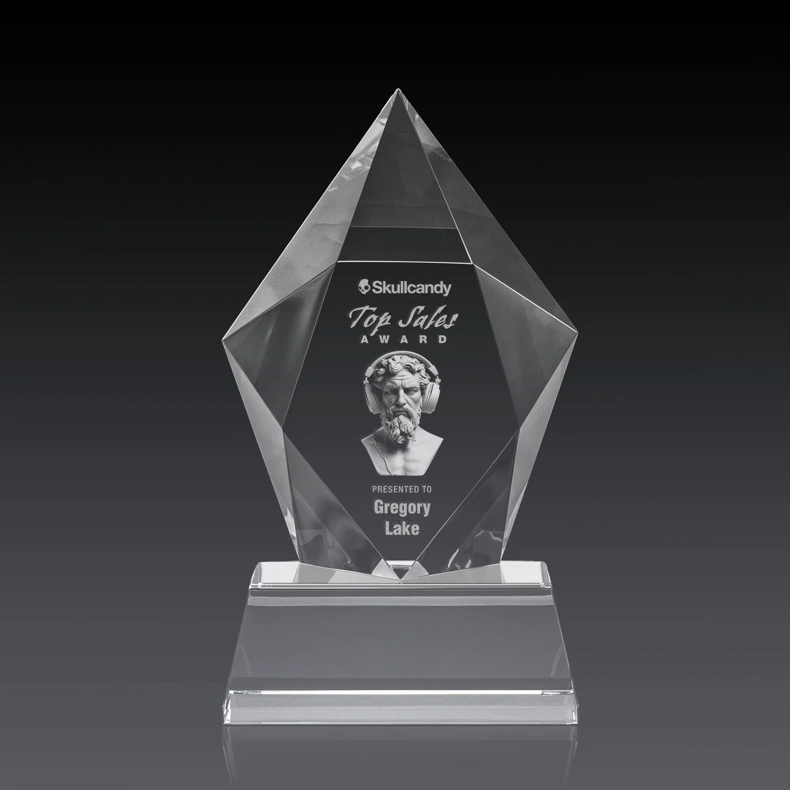 Custom Faceted Optical Crystal Pentagon Award on Tall Tapered Base, awards, with your logo for sales achievement awards