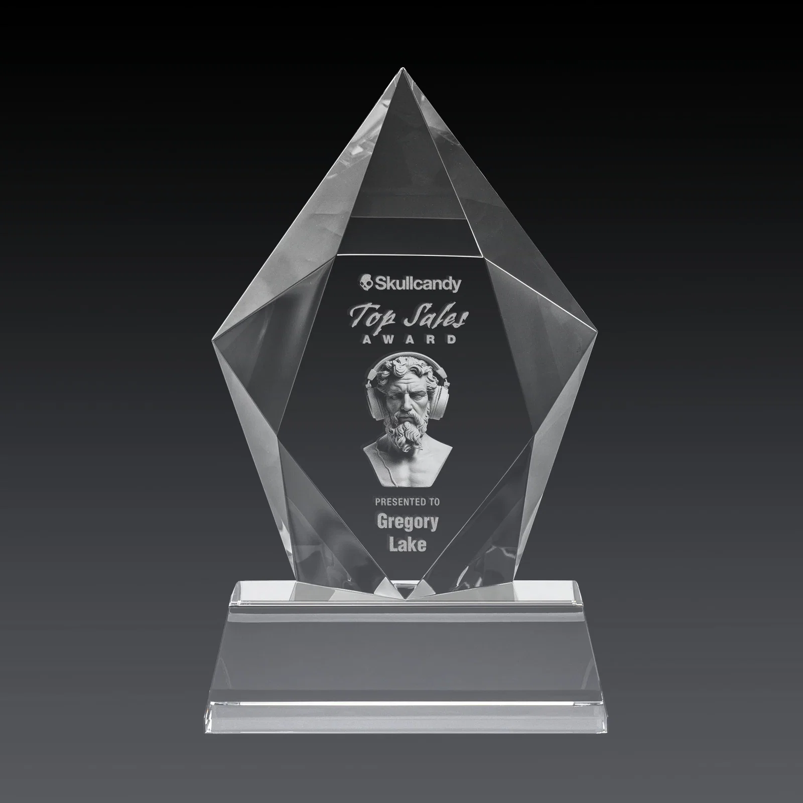 Custom Faceted Optical Crystal Pentagon Award on Tall Tapered Base, awards, with your logo for retirement presentations