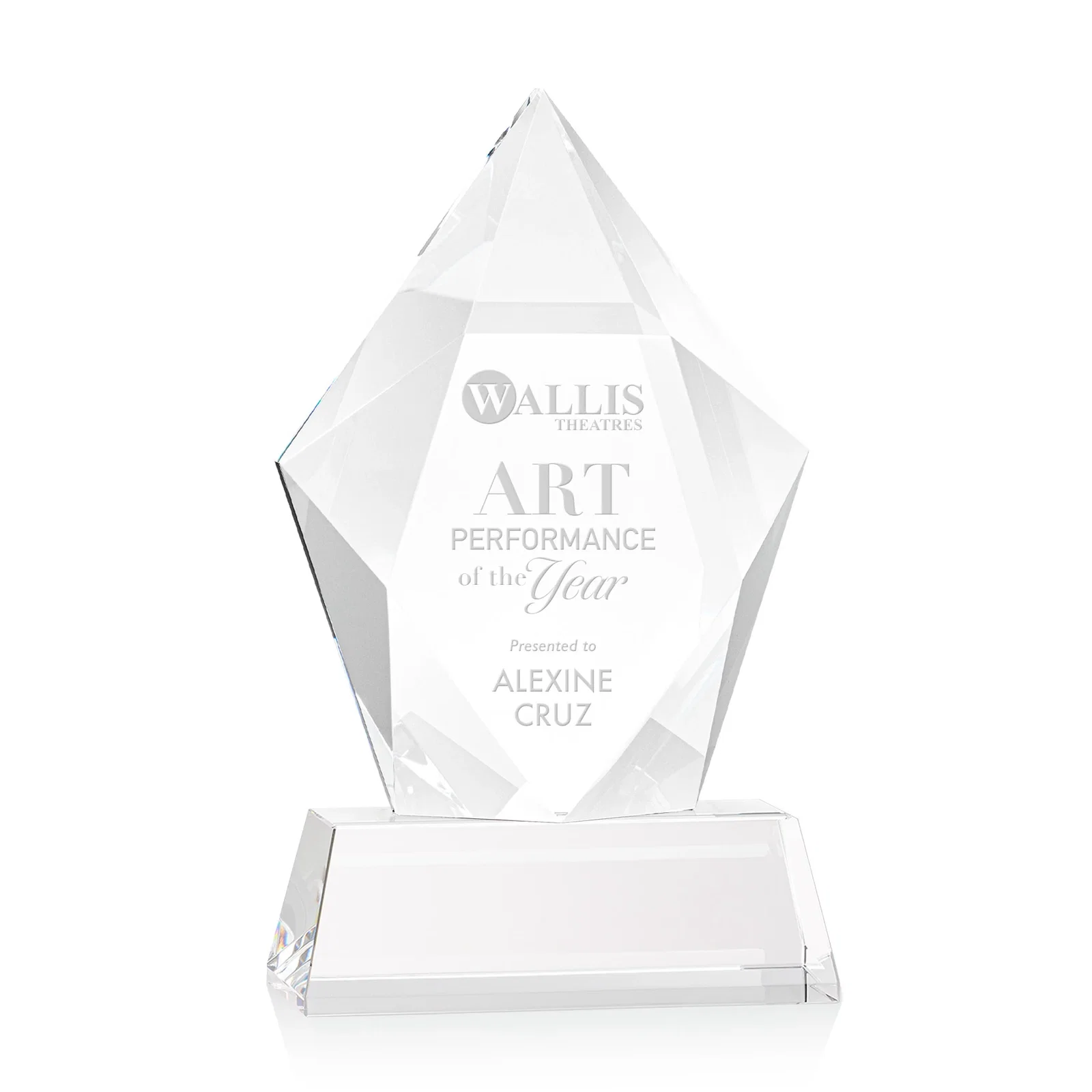 Custom Faceted Optical Crystal Pentagon Award on Tall Tapered Base, awards for safety achievement programs