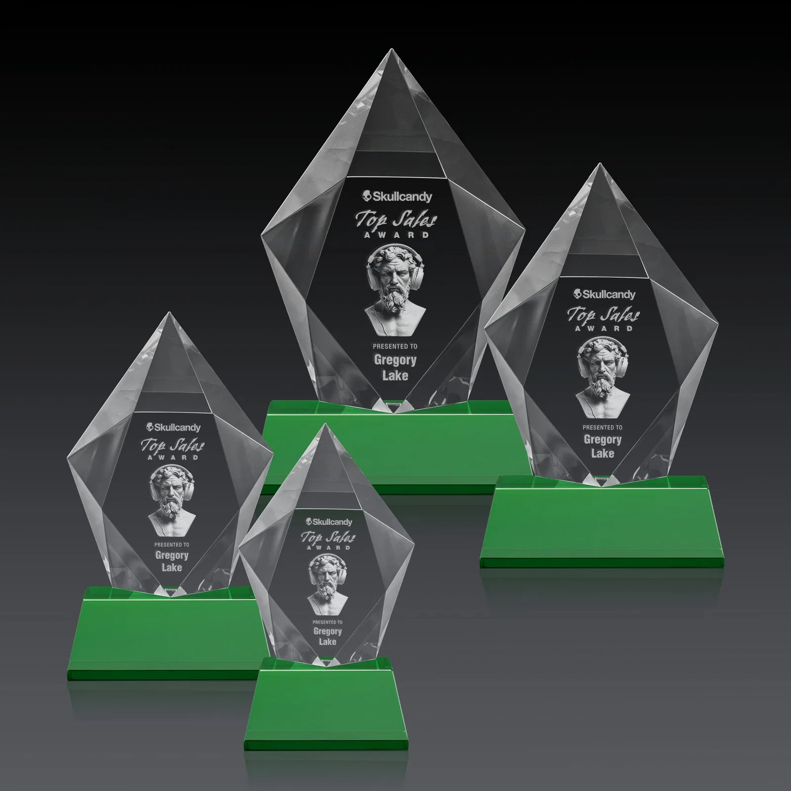 Custom Faceted Optical Crystal Pentagon Award on Tall Tapered Base, awards, with your logo for donor appreciation