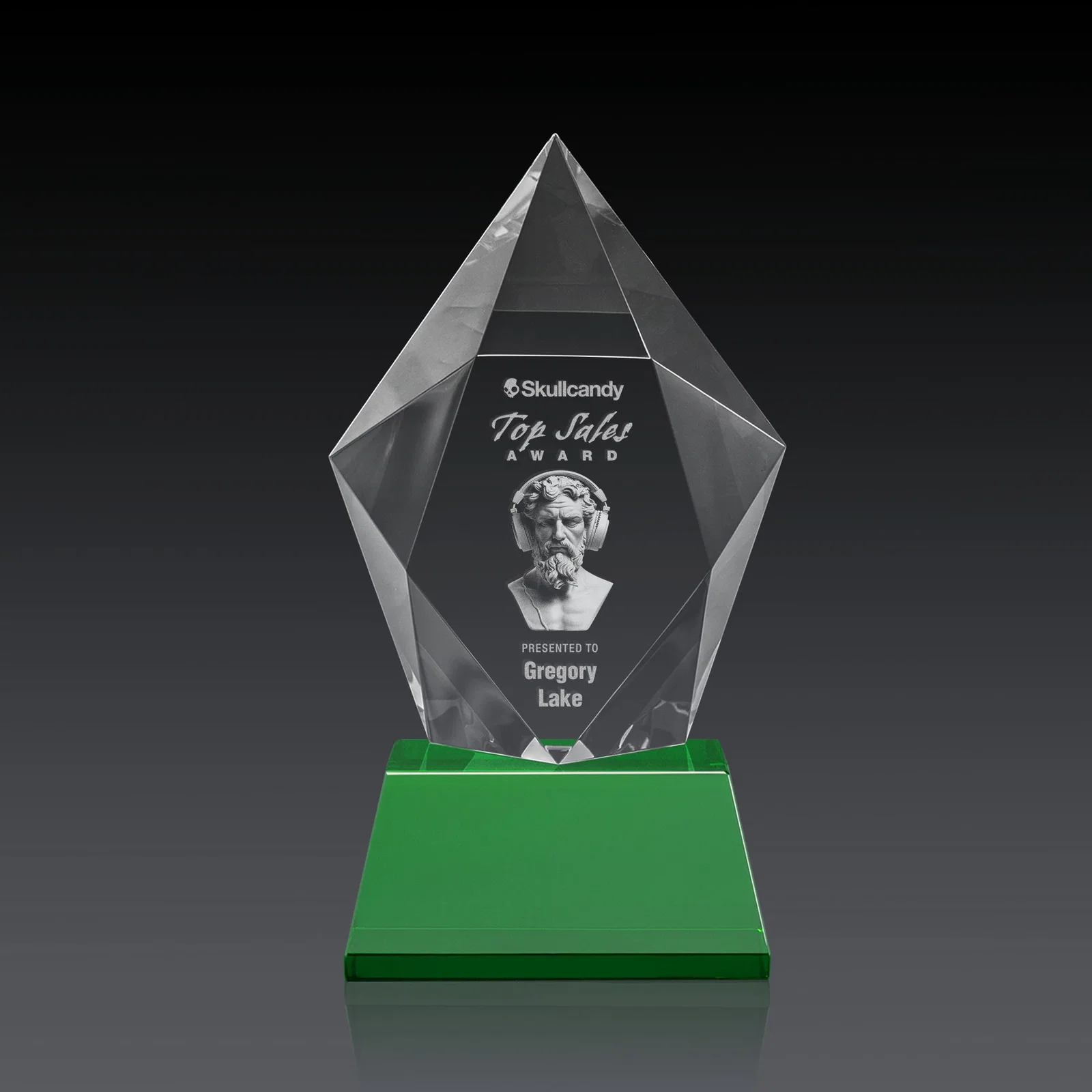 Custom Faceted Optical Crystal Pentagon Award on Tall Tapered Base, awards, with your logo for graduation ceremonies