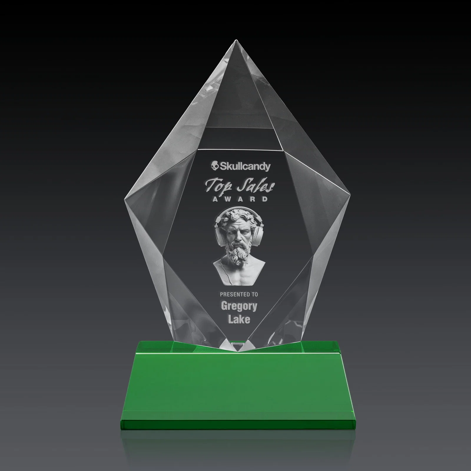 Custom Faceted Optical Crystal Pentagon Award on Tall Tapered Base, awards, with your logo for volunteer appreciation