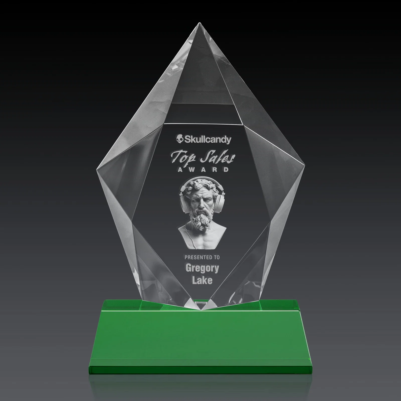 Custom Faceted Optical Crystal Pentagon Award on Tall Tapered Base, awards, with your logo for dealer and partner awards