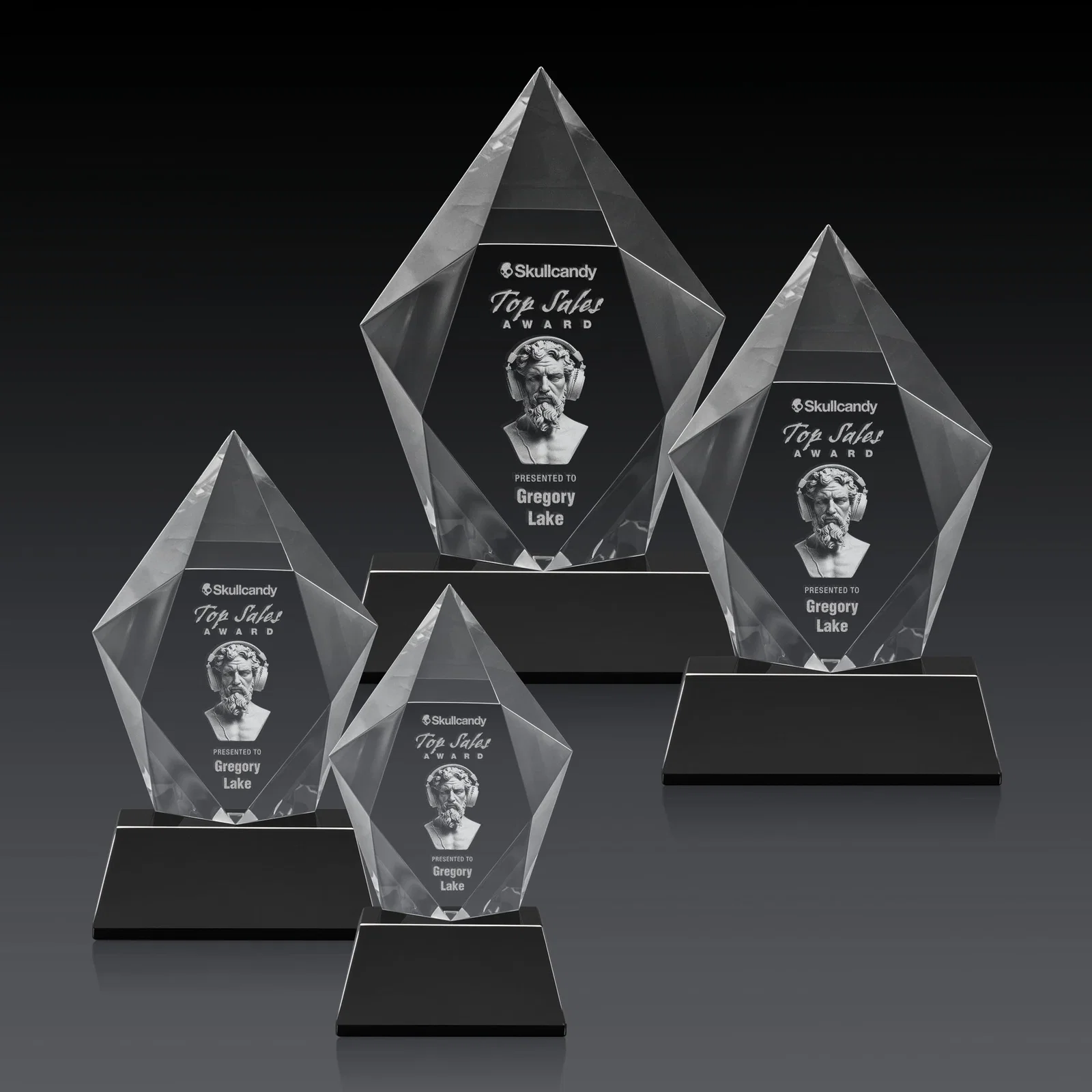 Custom Faceted Optical Crystal Pentagon Award on Tall Tapered Base, awards, with your logo for company anniversary events