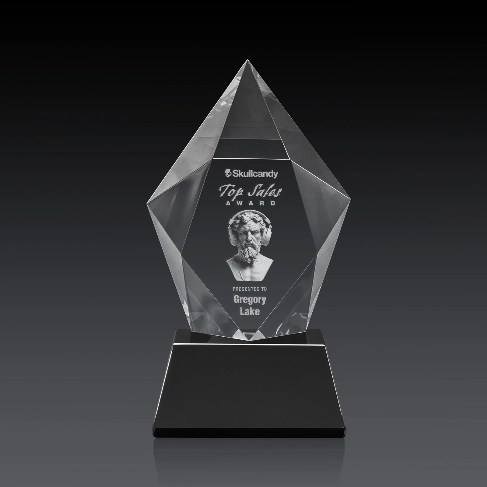 Personalized Faceted Optical Crystal Pentagon Award on Tall Tapered Base, awards, with your logo for employee recognition