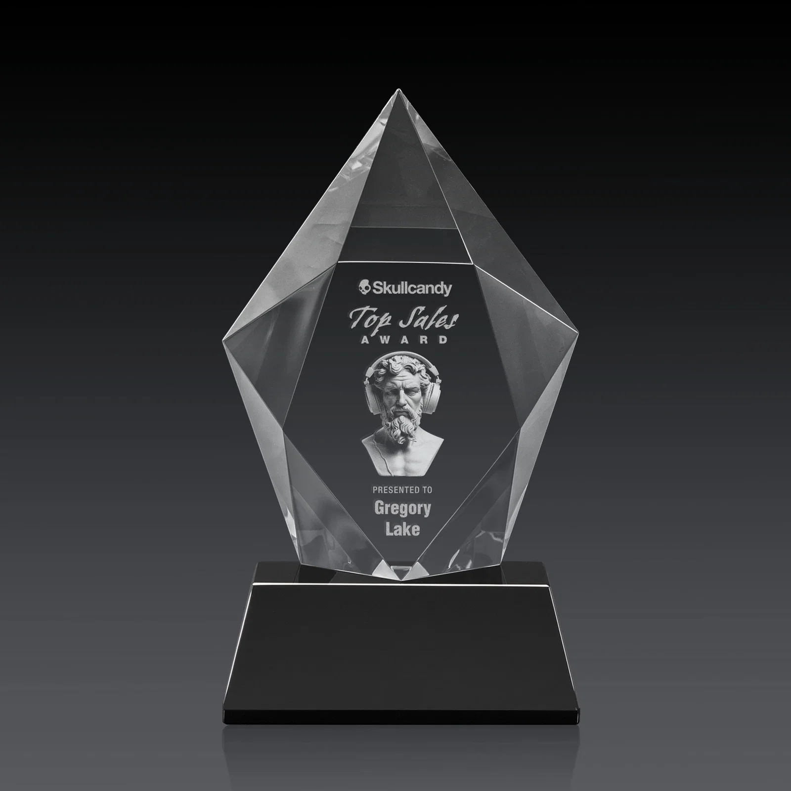 Personalized Faceted Optical Crystal Pentagon Award on Tall Tapered Base, awards, with your logo for corporate award ceremonies