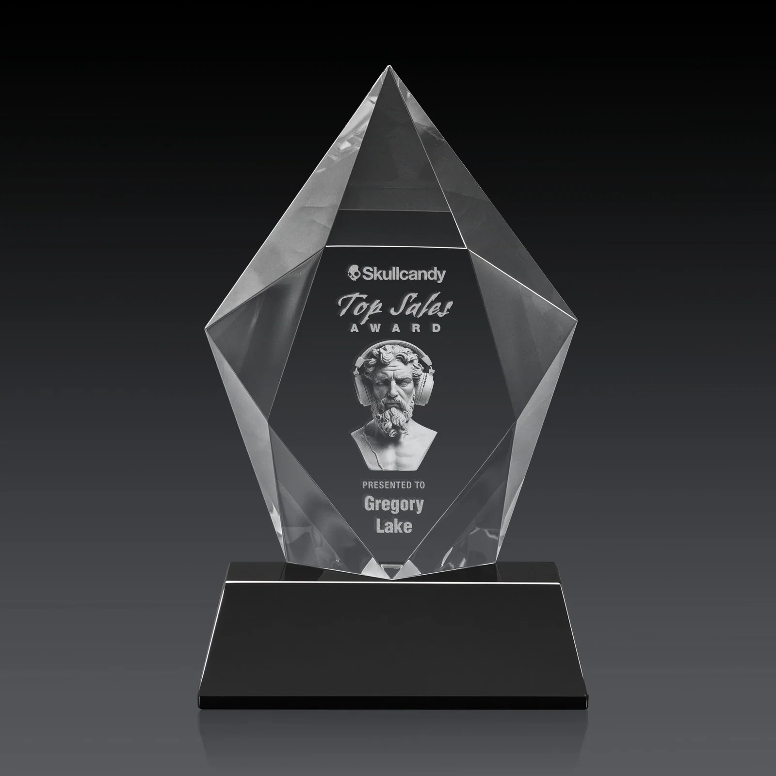 Personalized Faceted Optical Crystal Pentagon Award on Tall Tapered Base, awards, with your logo for service anniversary gifts