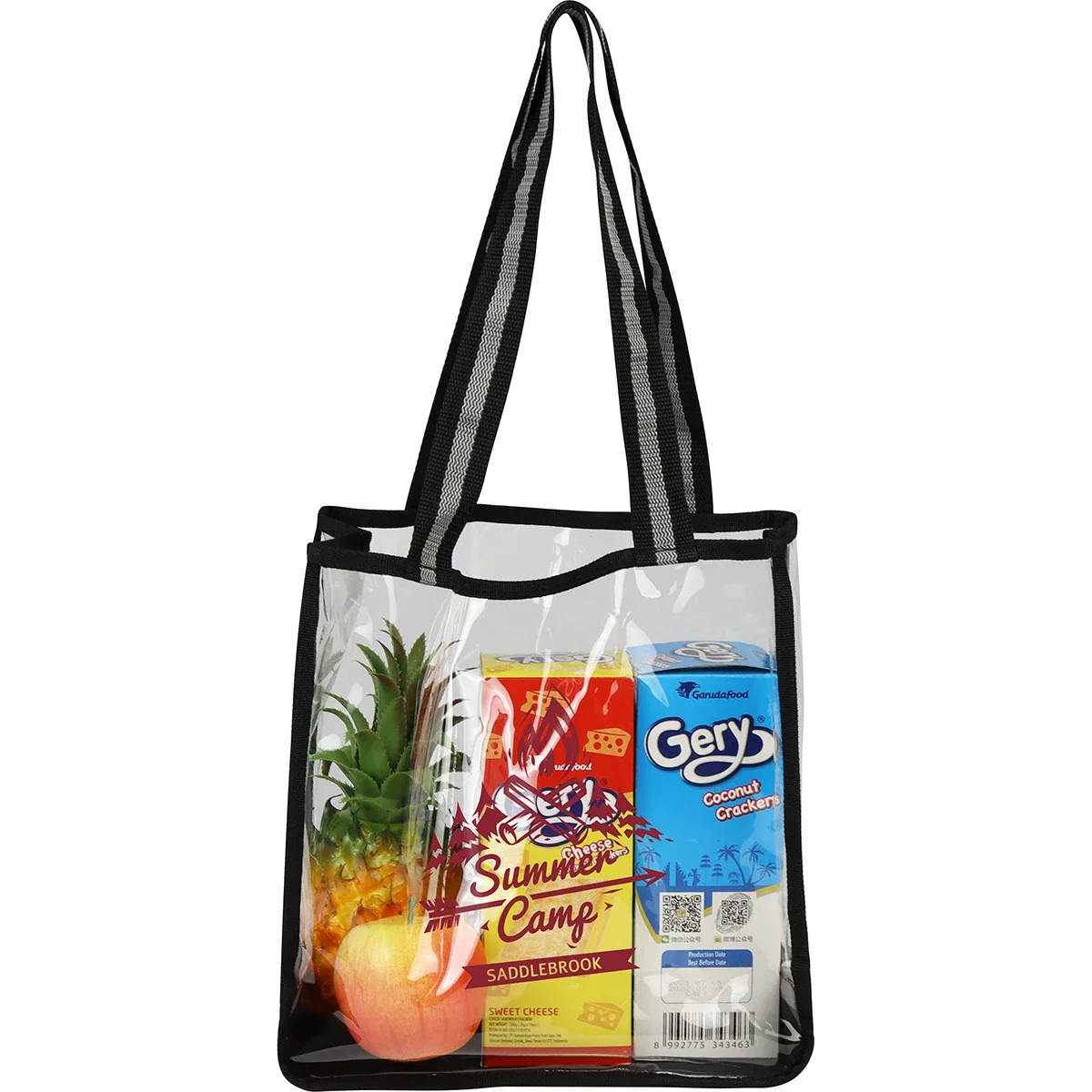 Custom clear TPU tote with canvas trim carried by handles, lifestyle shot