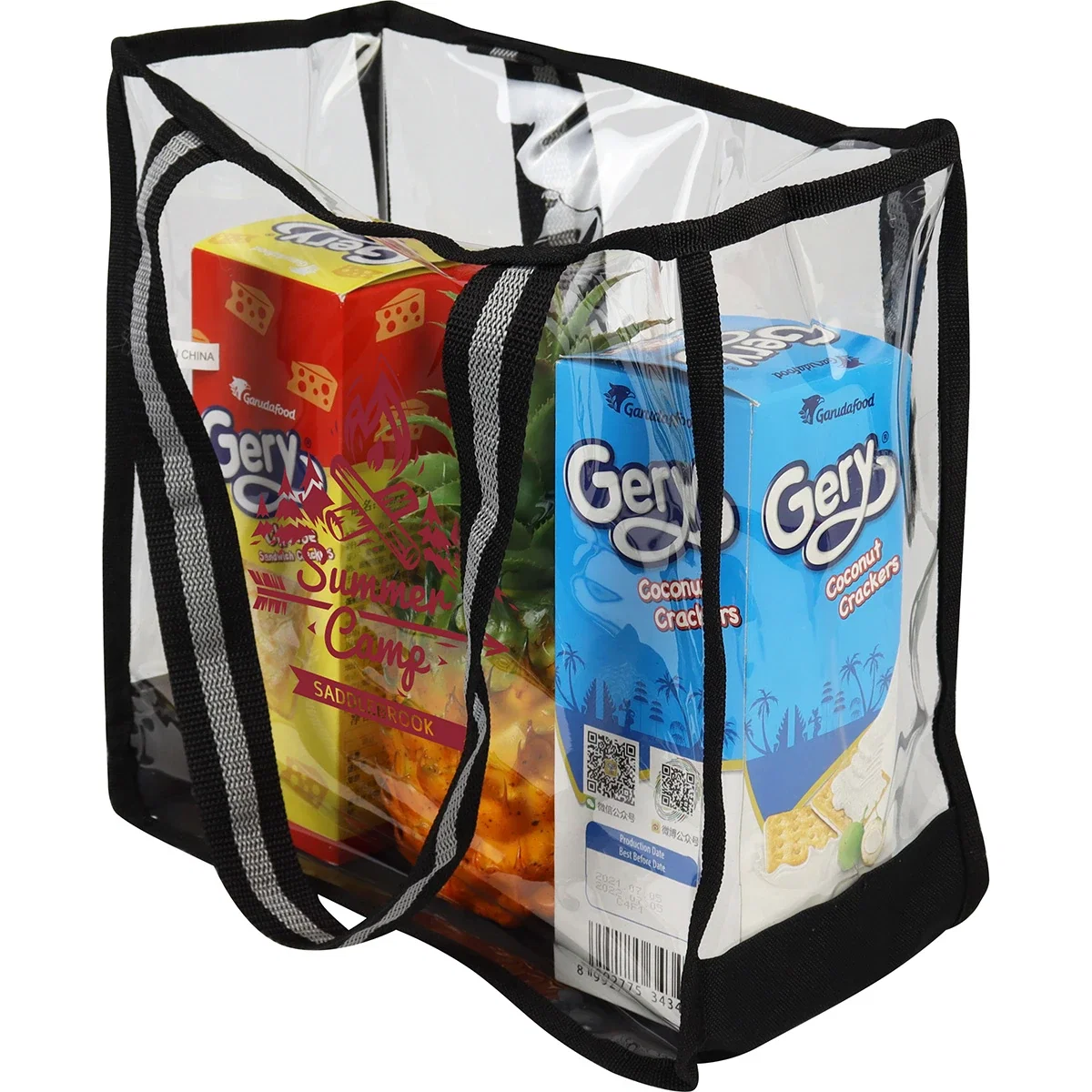 Promotional Diamond clear tote showing canvas-trim handles, detail view