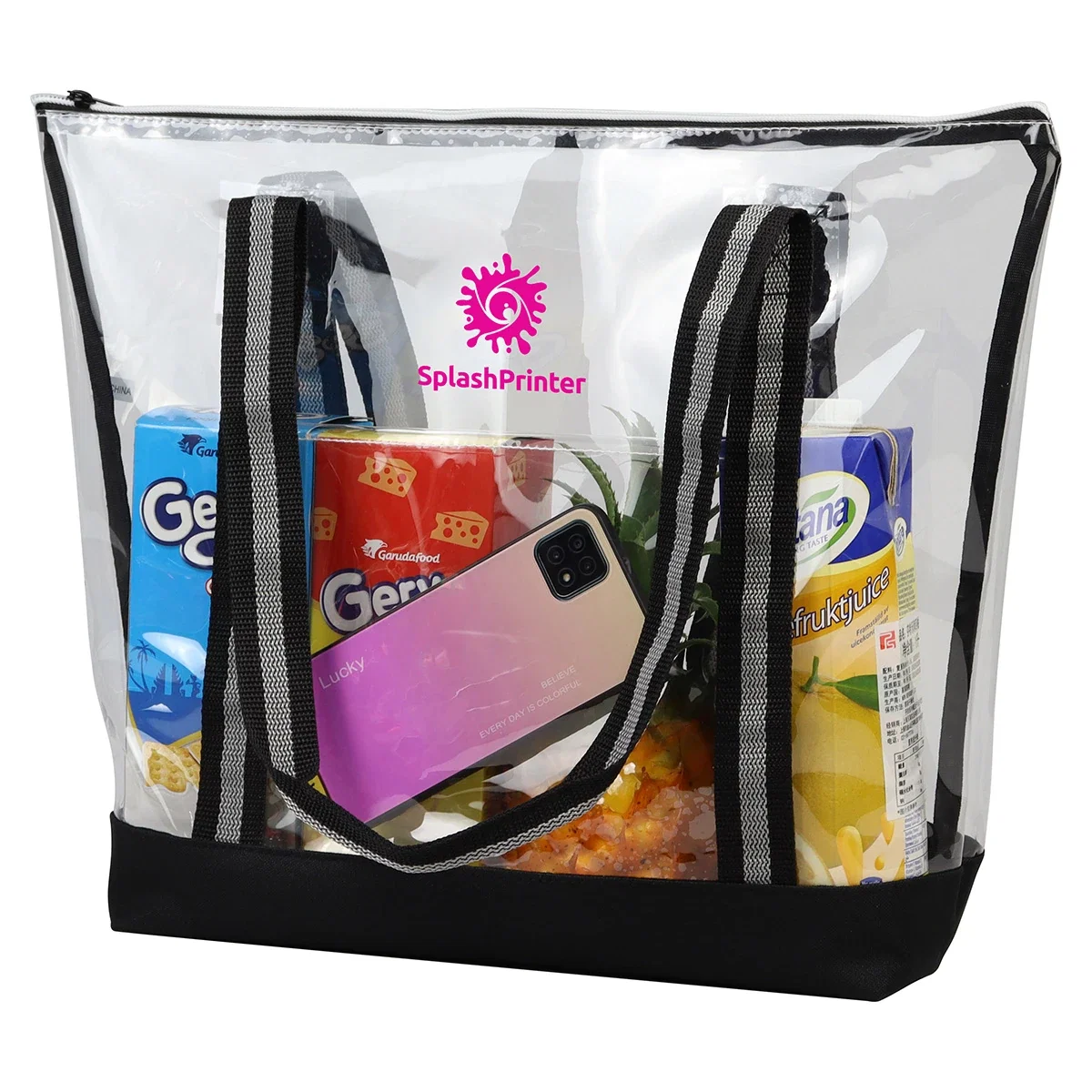 Custom clear TPU zippered tote carried by handles, lifestyle shot