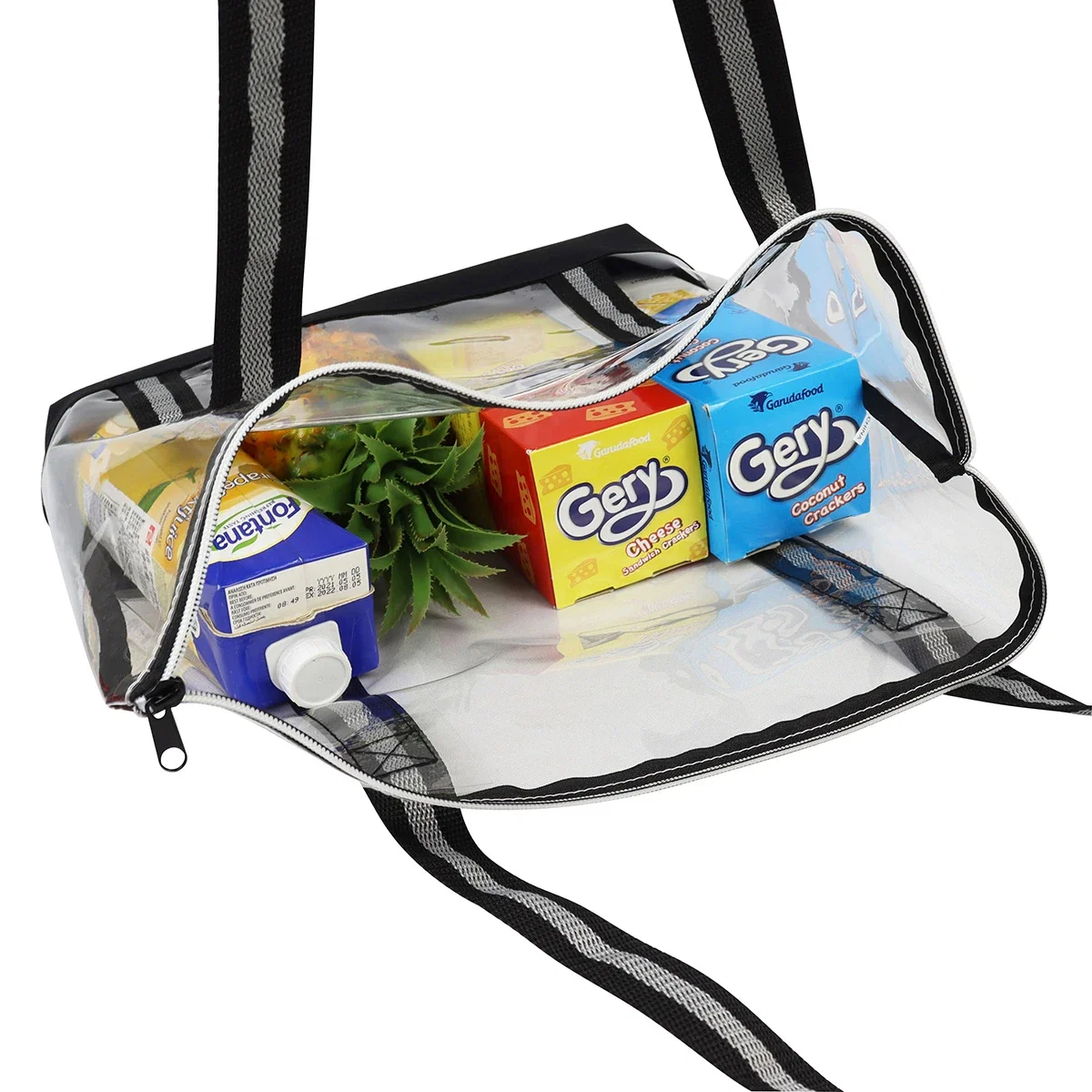 Promotional Diamond clear TPU zip-top tote, zipper detail view