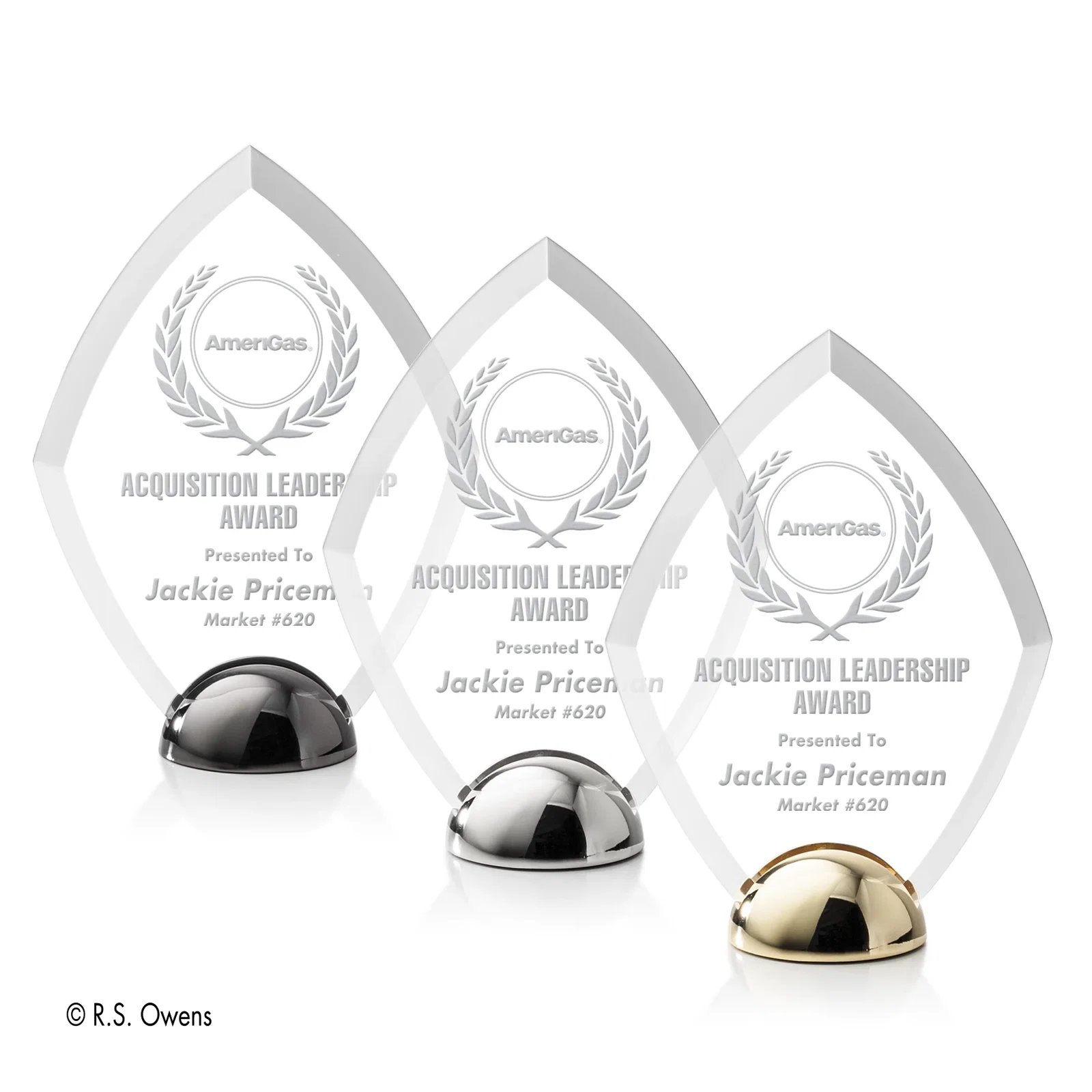 Custom Beveled Acrylic Diamond Award on Cast Metal Hemisphere Base for employee recognition