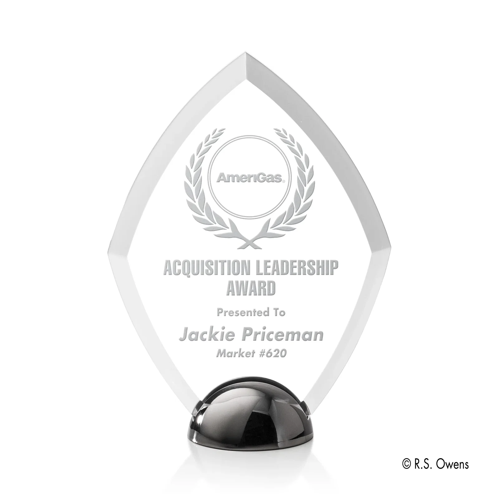 Custom Beveled Acrylic Diamond Award on Cast Metal Hemisphere Base for corporate award ceremonies