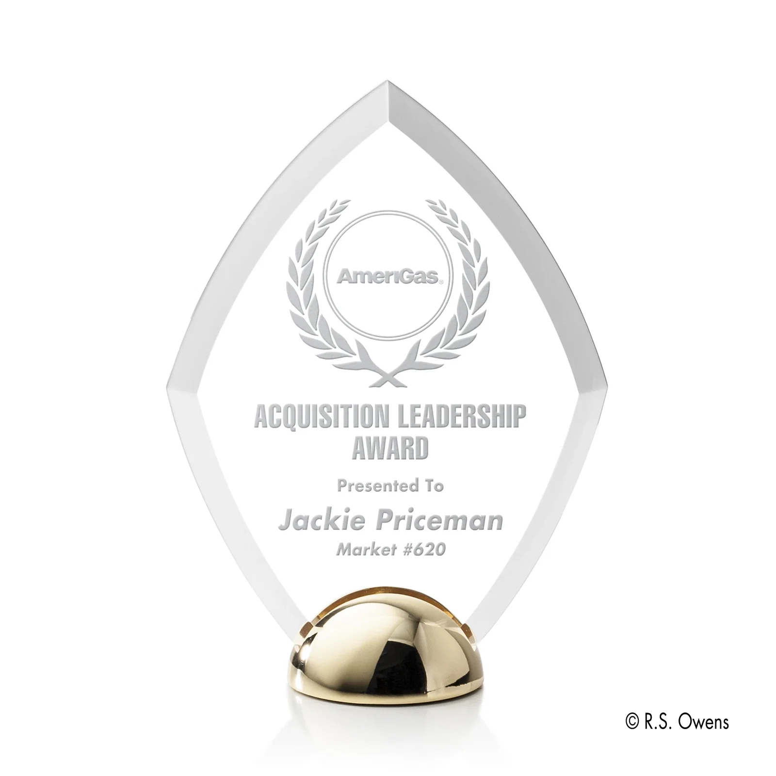 Custom Beveled Acrylic Diamond Award on Cast Metal Hemisphere Base for service anniversary gifts