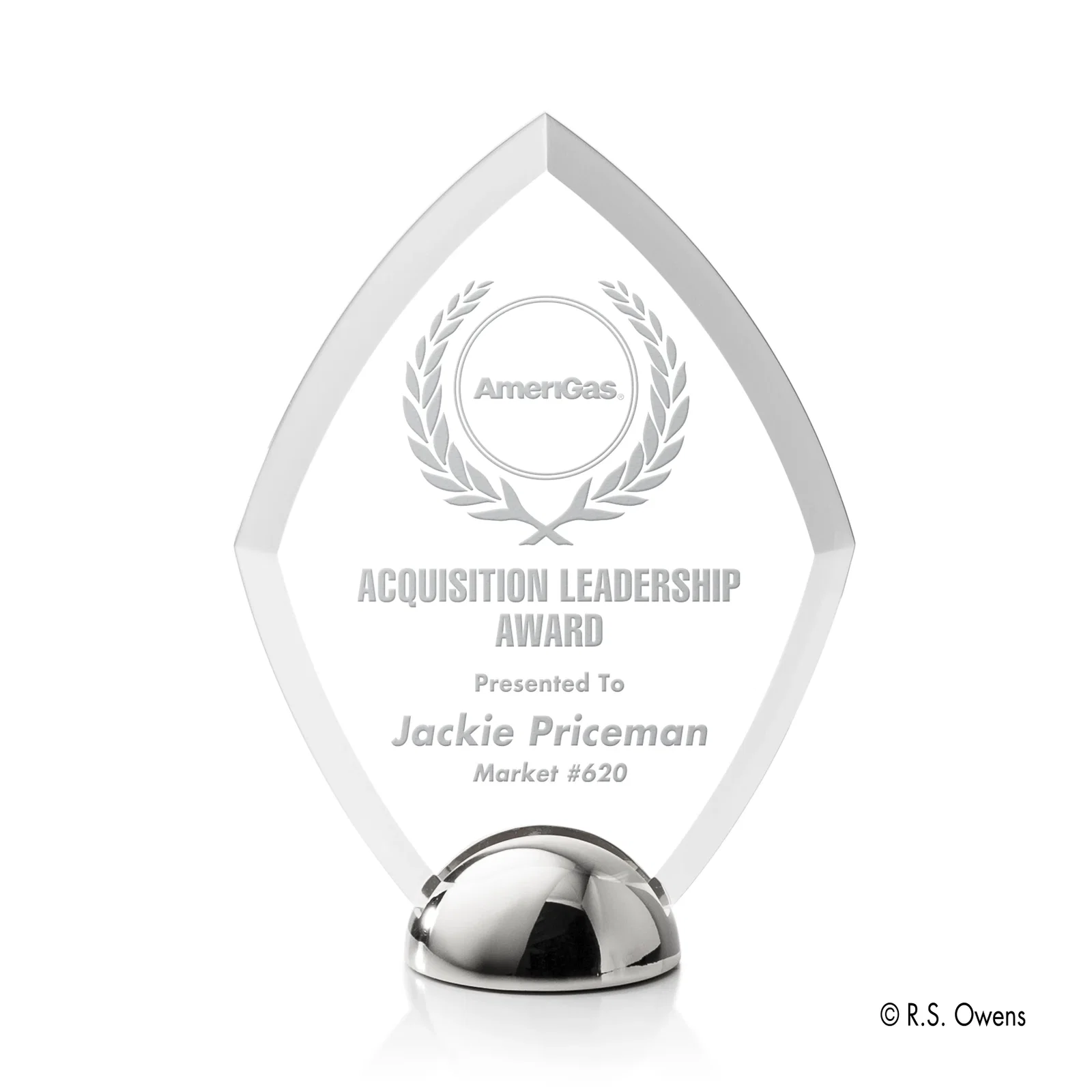 Custom Beveled Acrylic Diamond Award on Cast Metal Hemisphere Base for sales achievement awards