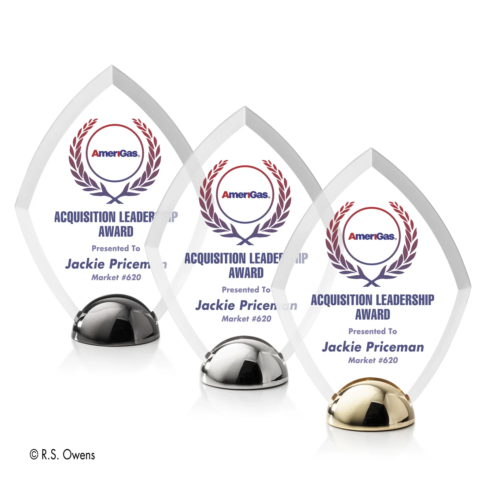 Custom Beveled Acrylic Diamond Award on Cast Metal Hemisphere Base for retirement presentations