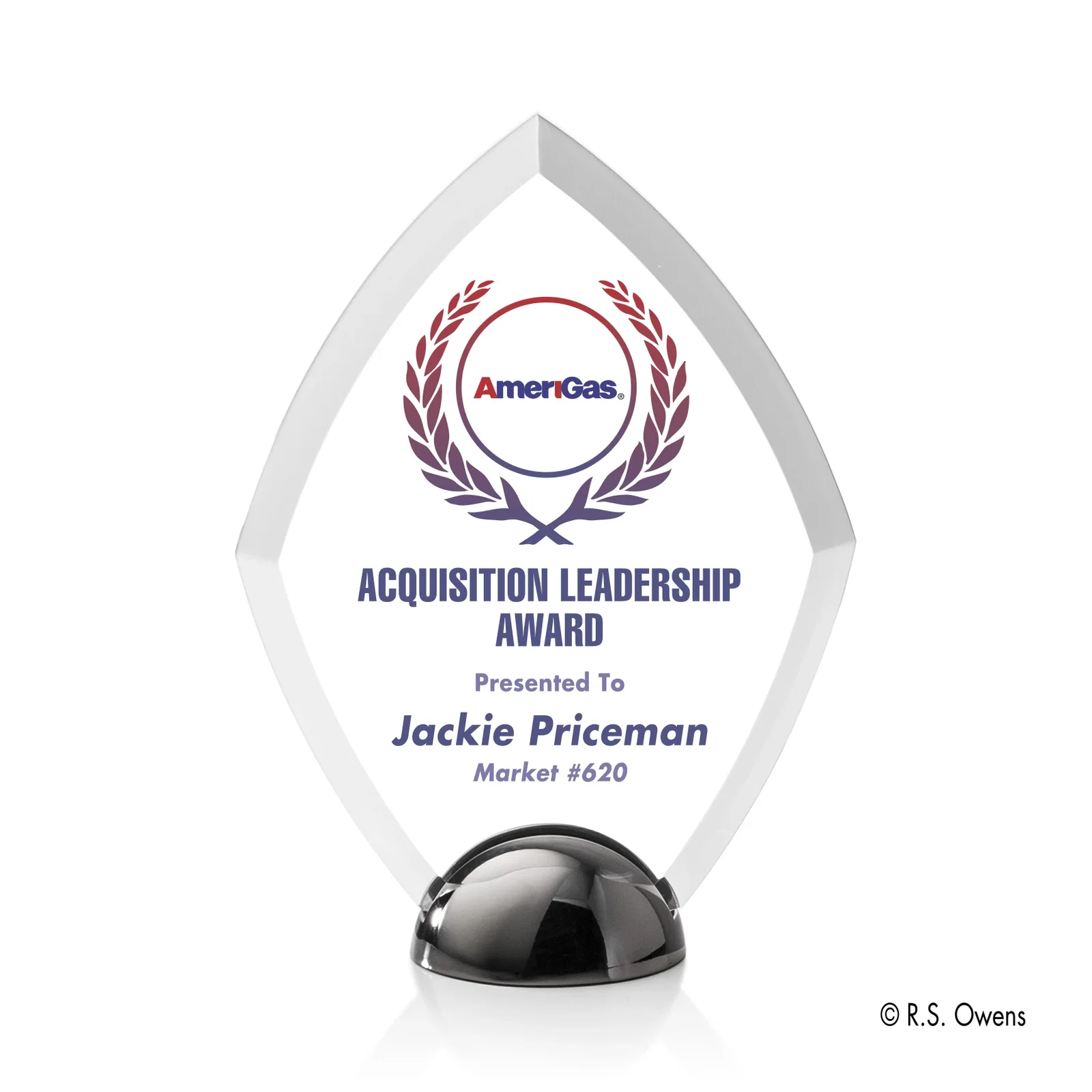 Custom Beveled Acrylic Diamond Award on Cast Metal Hemisphere Base for team milestone celebrations