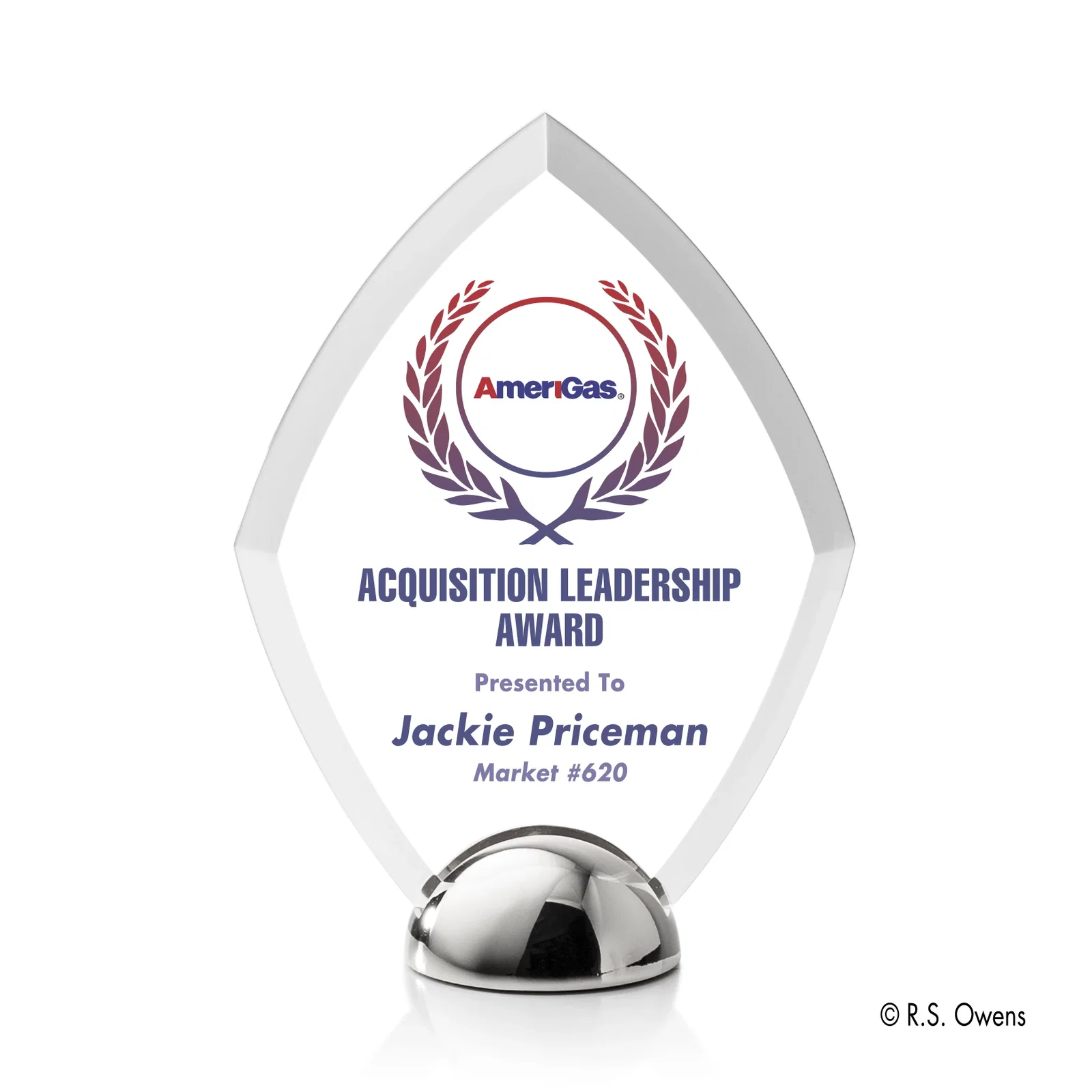 Custom Beveled Acrylic Diamond Award on Cast Metal Hemisphere Base for graduation ceremonies