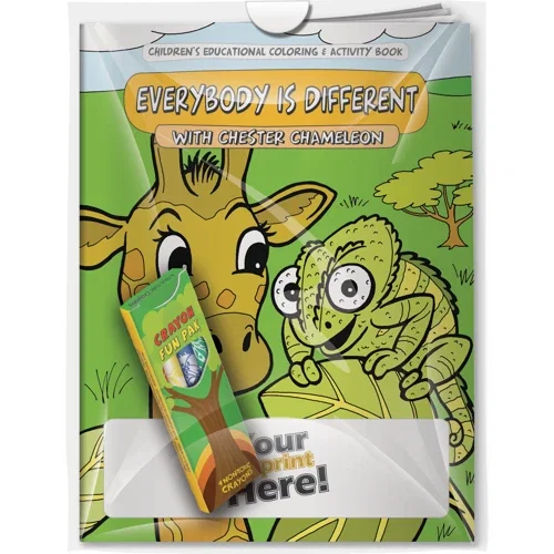Differences with Chester Chameleon coloring book and 4-crayon Fun Pak combo in poly bag