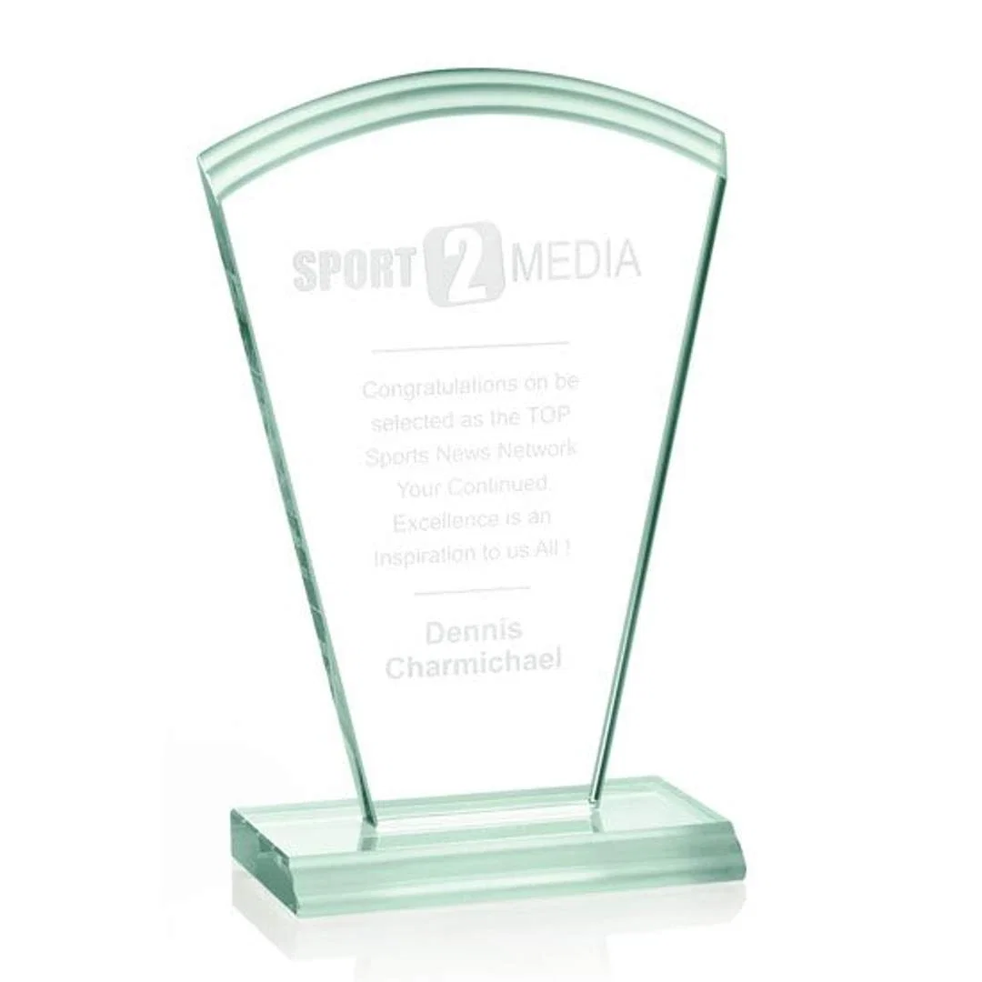 Custom Jade Glass Award With a Curved Silhouette and Layered Top Edge for employee recognition