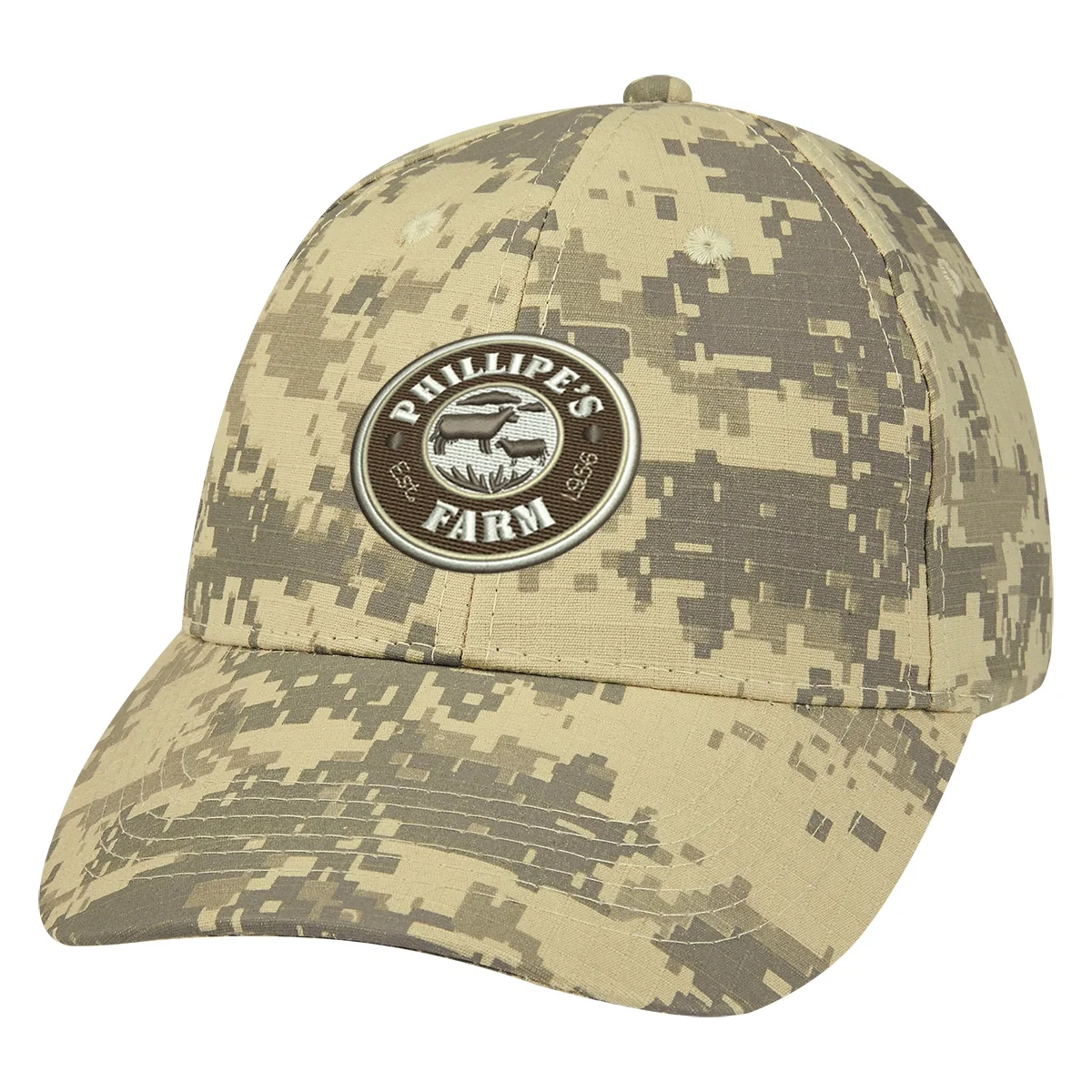 Digital camouflage cap photographed from the front