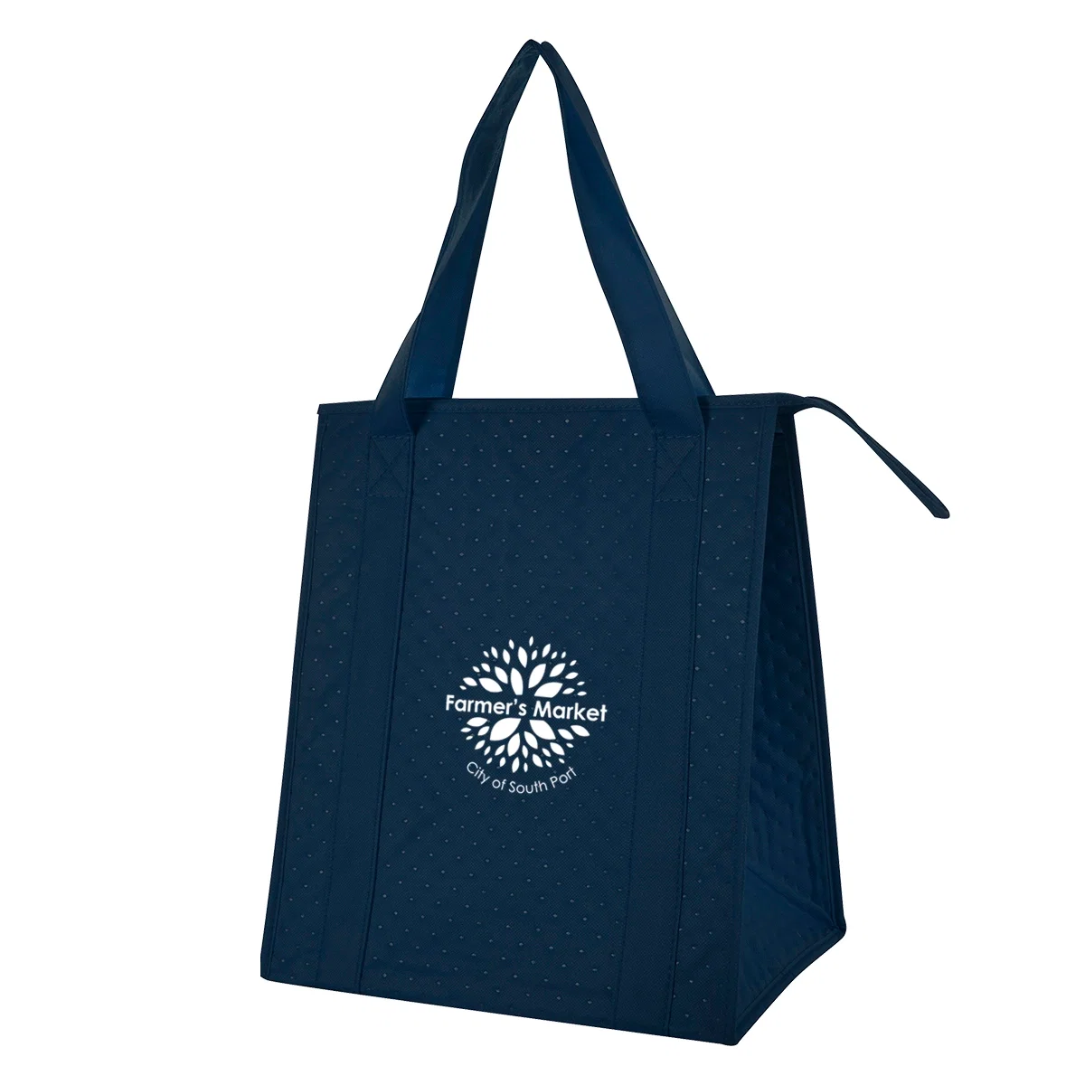 Non-woven cooler tote textured with a dimpled finish