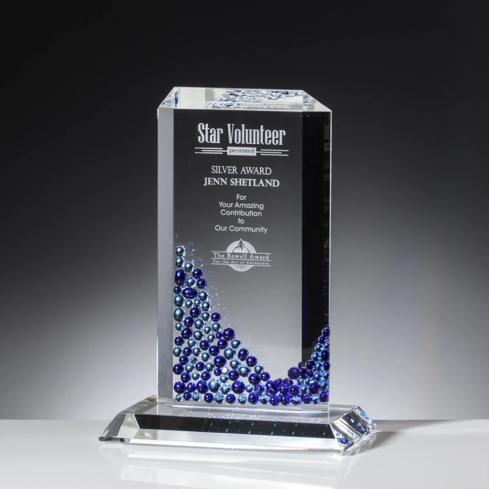 Custom Starfire Crystal Tower Award With Double-Sided Sapphire Mosaic for sales achievement awards