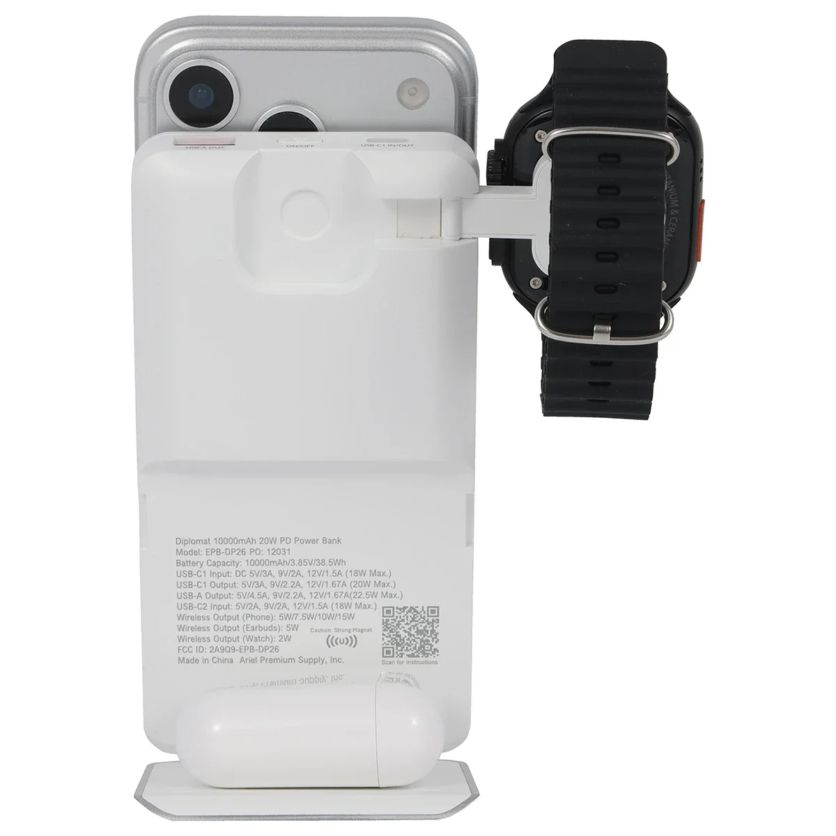 Diplomat Power Bank in use, charging a smartwatch on the built-in watch charger