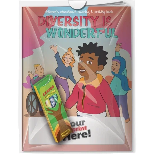 Diversity is Wonderful coloring book and 4-crayon Fun Pak combo pack kitted in a poly bag
