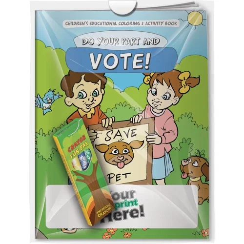 Do Your Part & Vote coloring book and imprinted crayons combo in poly bag - hero front view