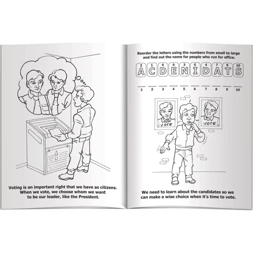 Inside pages of Do Your Part & Vote coloring book, civic education giveaway for kids